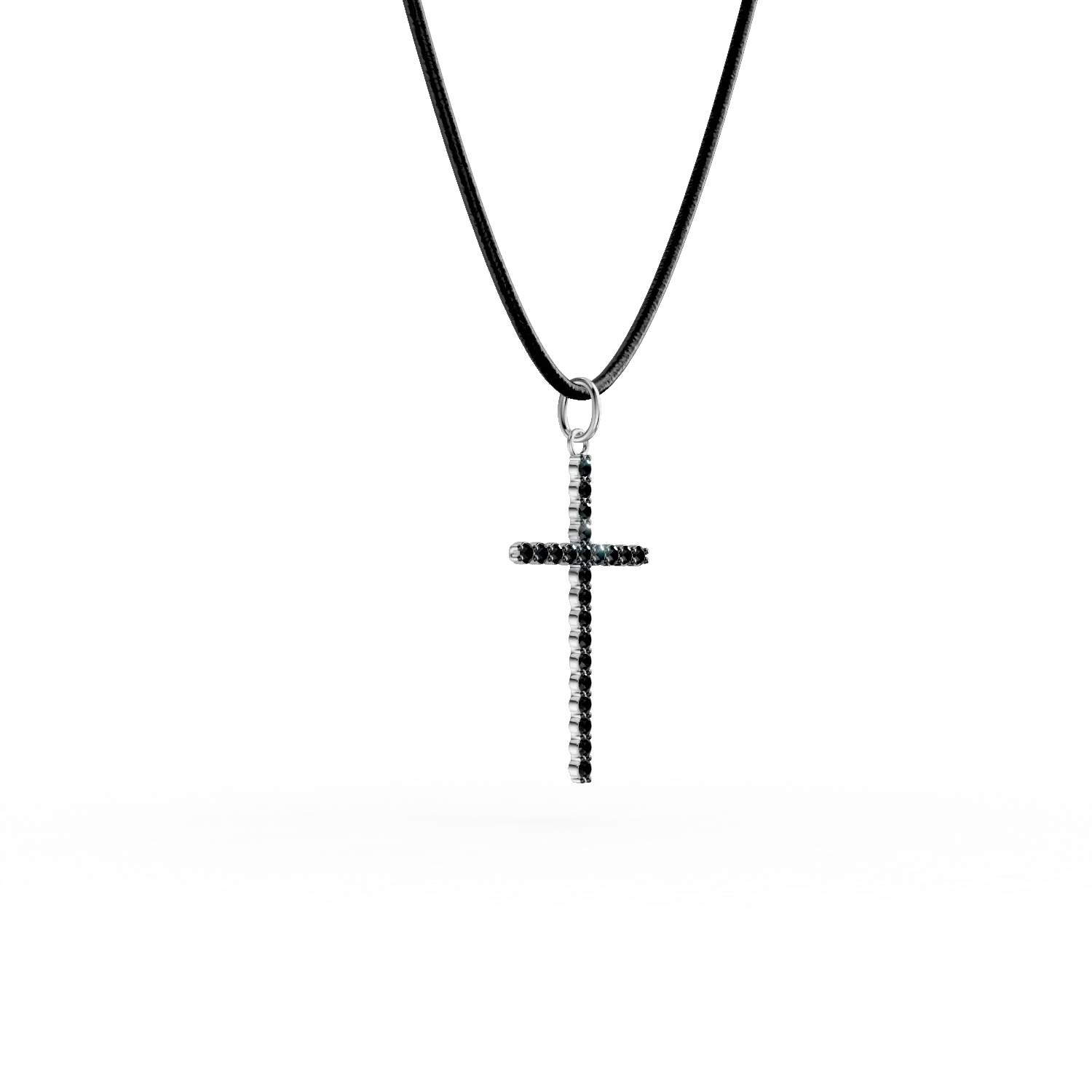 White gold cross pendant leather necklace with 0.2ct black diamonds