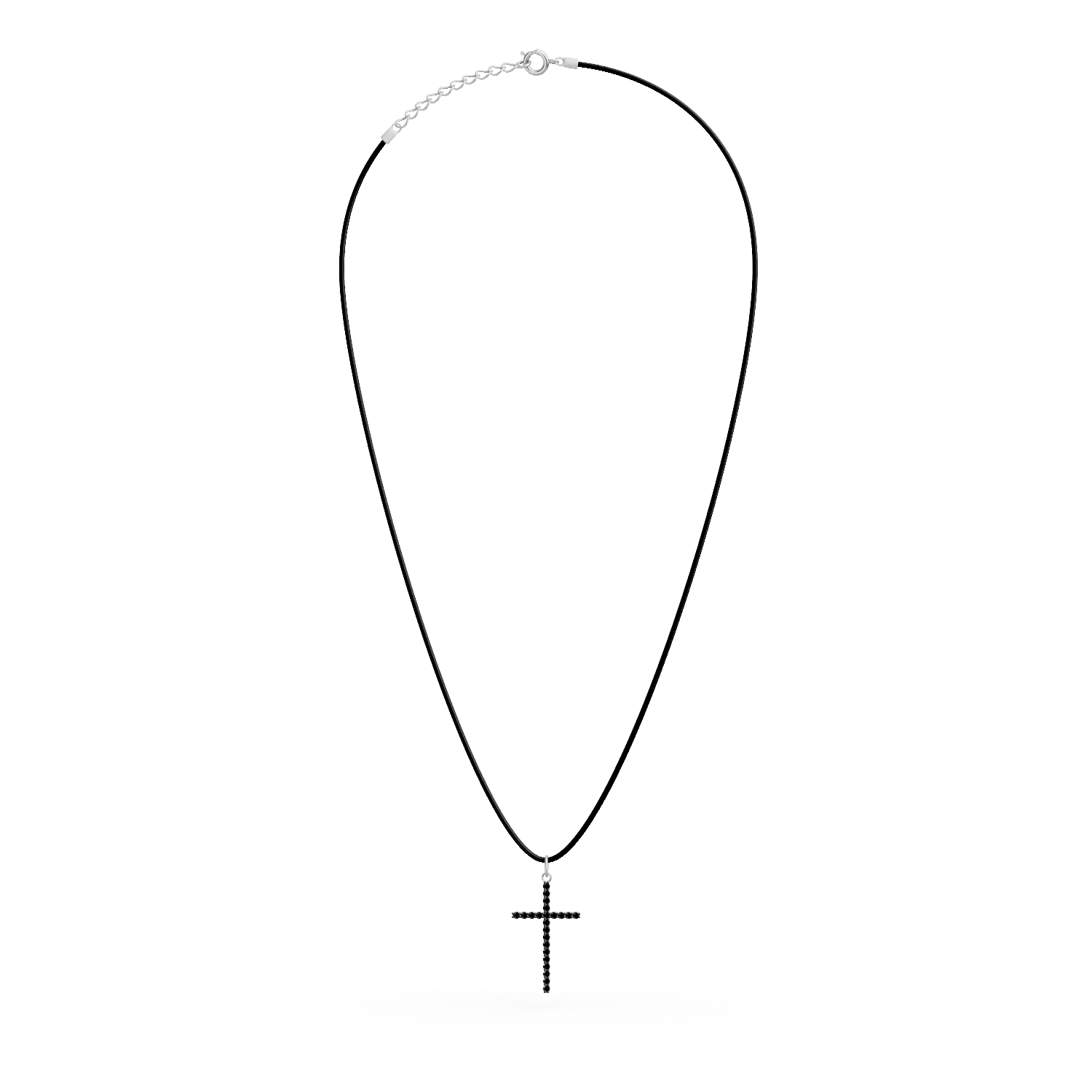 Lant piele cu pandantiv cruce din aur alb cu diamante negre de 0.2ct