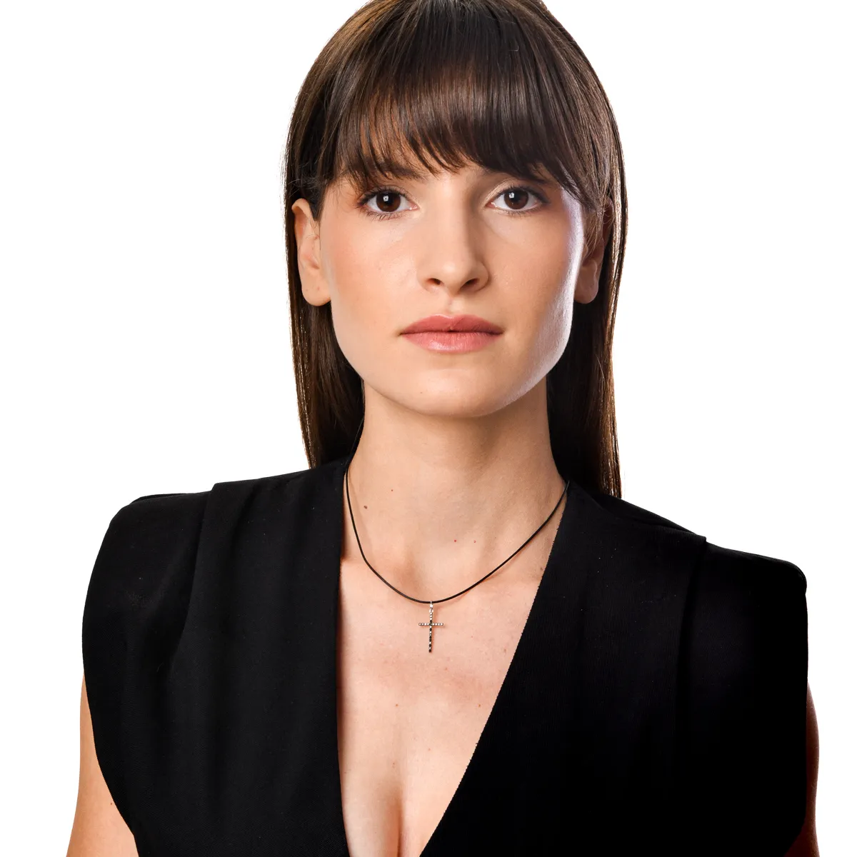 Lant piele cu pandantiv cruce din aur alb cu diamante negre de 0.2ct