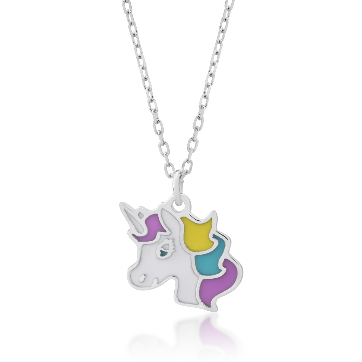 White gold unicorn children's pendant necklace with multicolored inserts