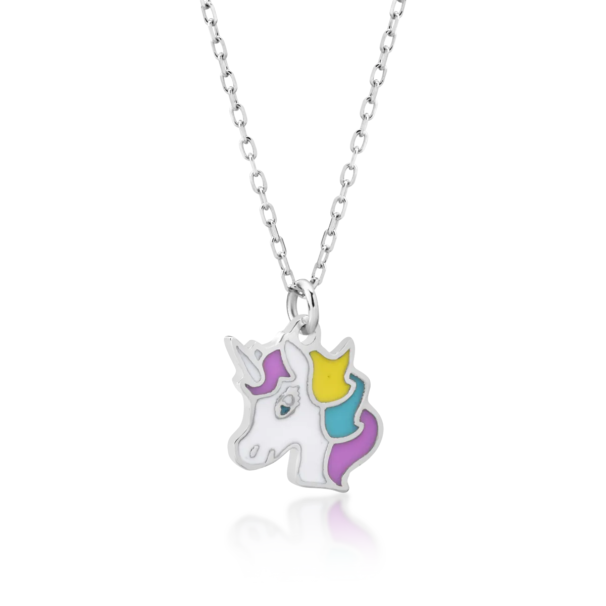 White gold unicorn children's pendant necklace with multicolored inserts