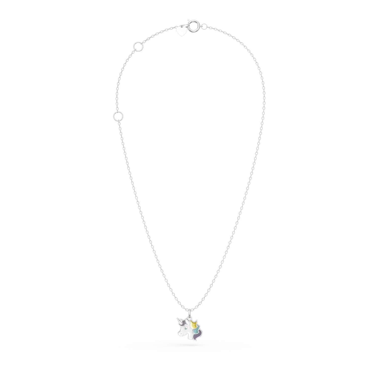 Lant cu pandantiv unicorn din aur alb si insertii multicolore pentru copii