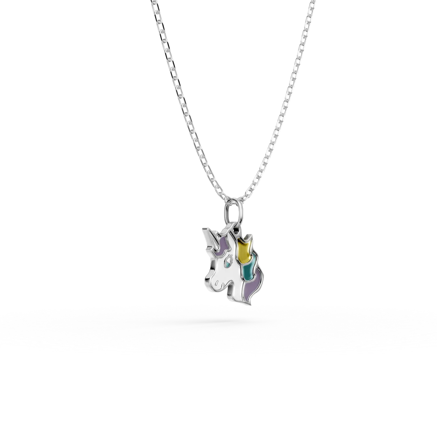 Lant cu pandantiv unicorn din aur alb si insertii multicolore pentru copii