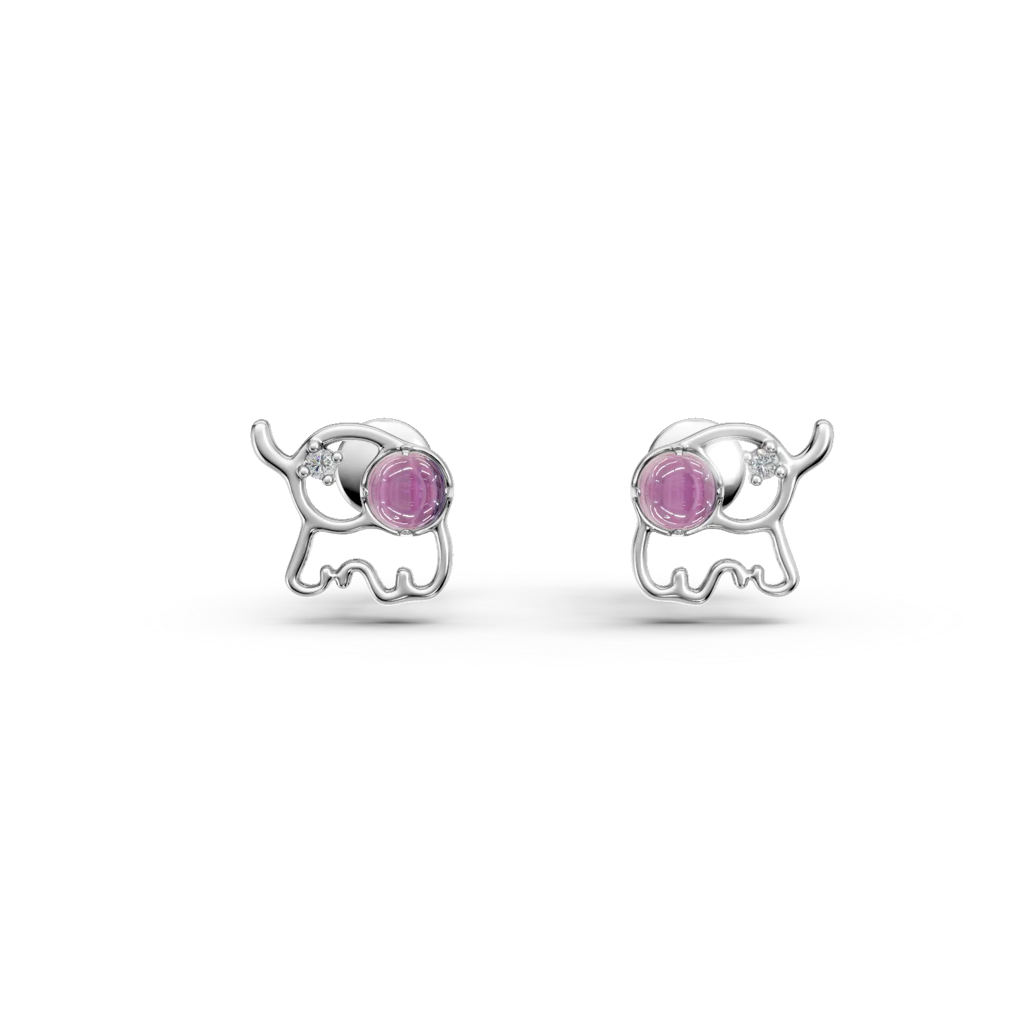 White gold elephant children's earrings with 0.1ct diamonds and amethysts