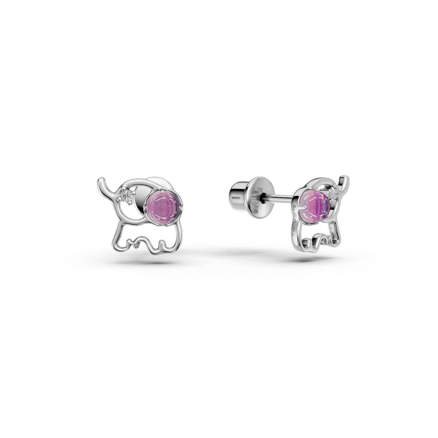 White gold elephant children's earrings with 0.1ct diamonds and amethysts