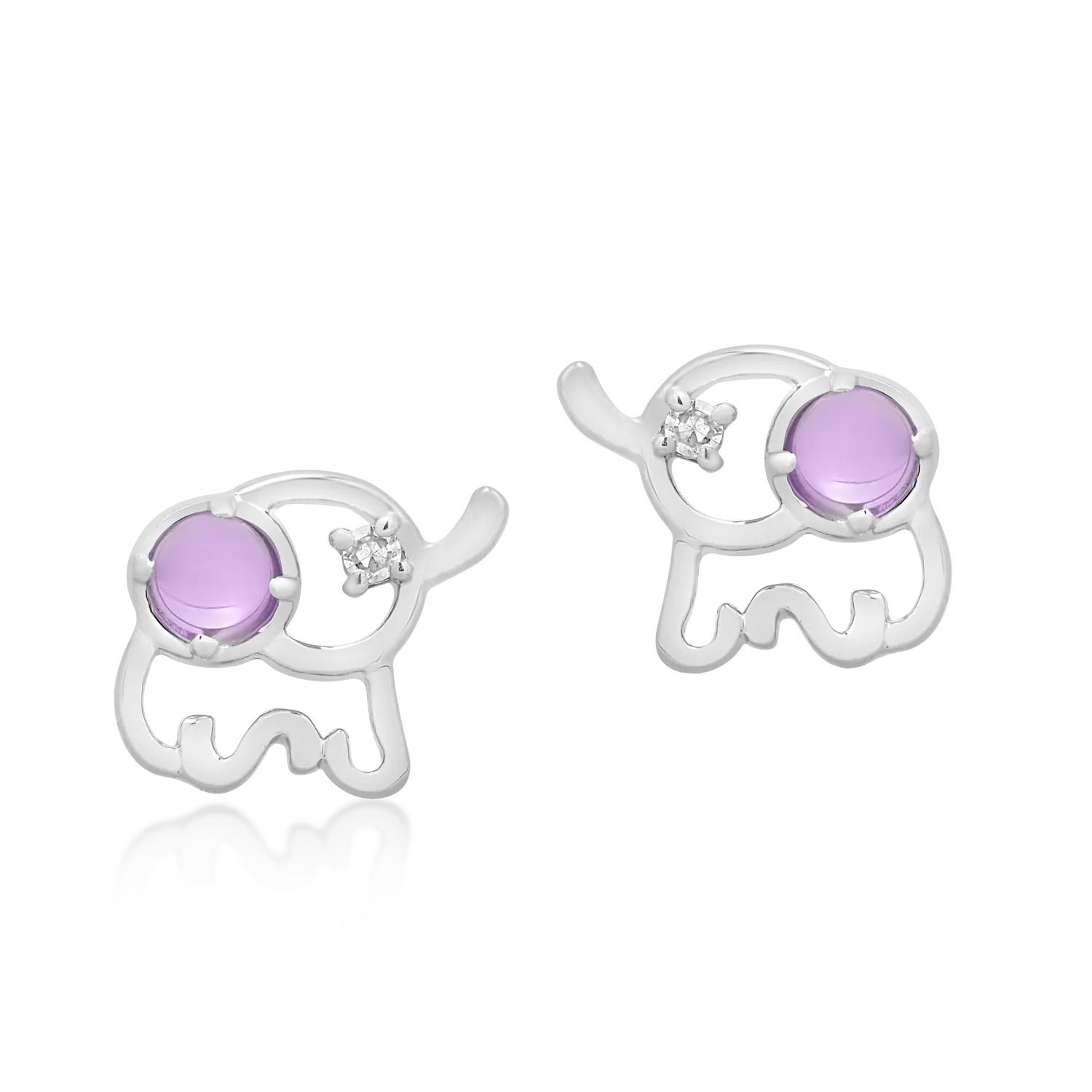 White gold elephant children's earrings with 0.09ct amethysts and 0.008ct diamonds