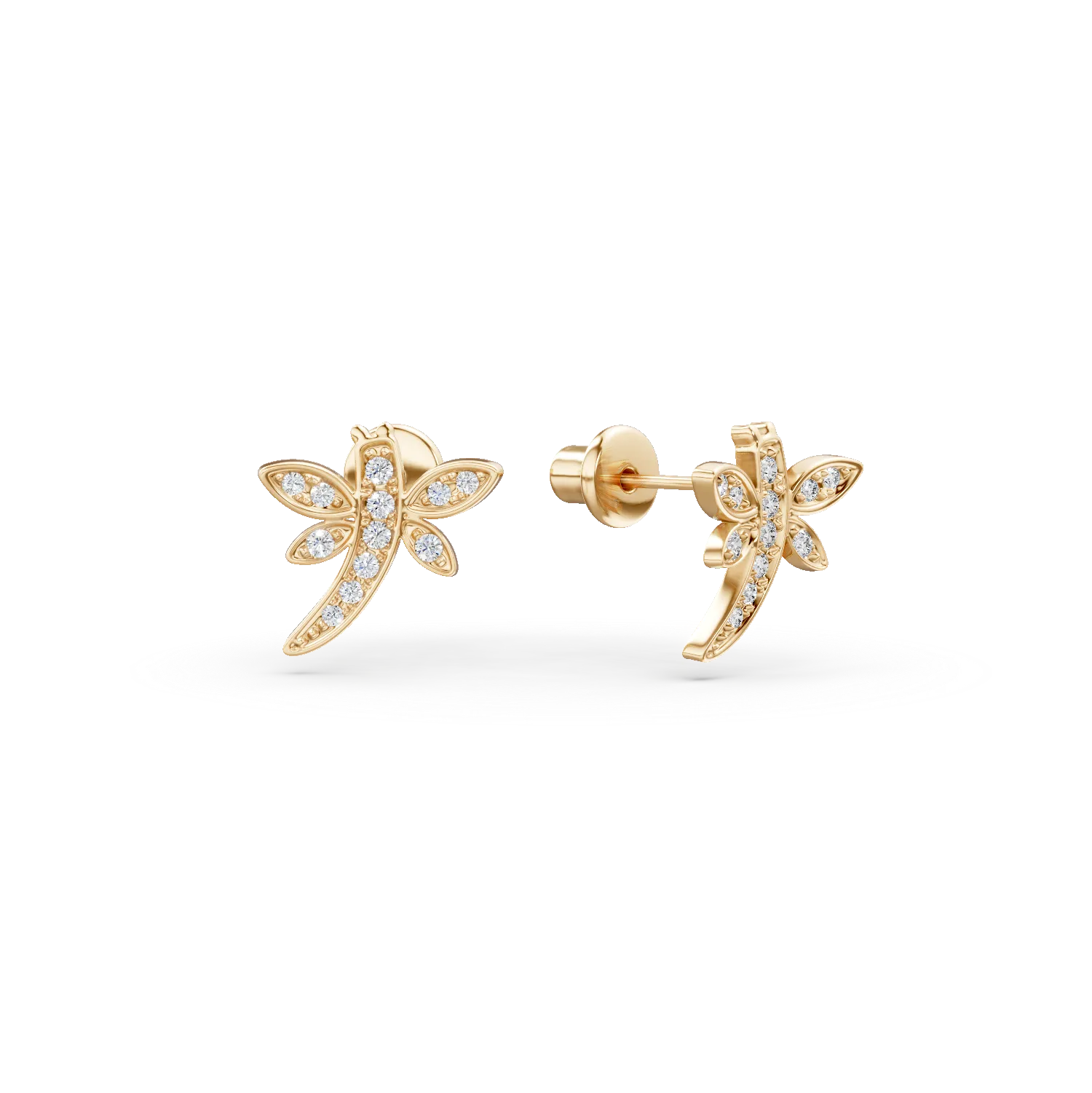 14K yellow gold dragon-fly children earrings with diamonds of 0.06ct