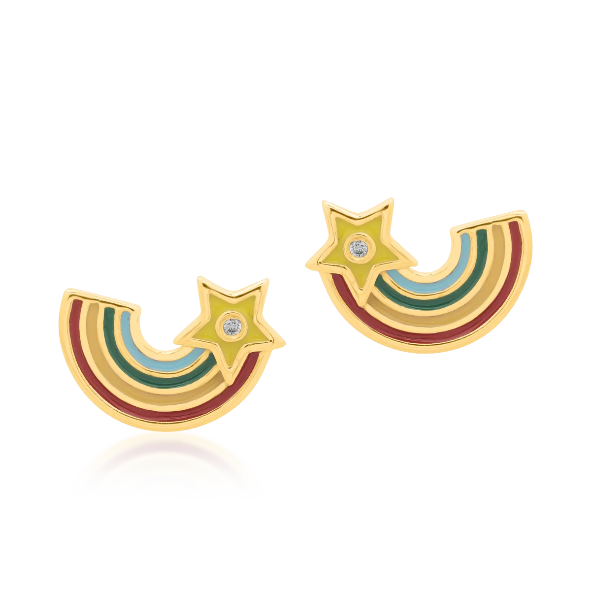 Yellow gold rainbow children's earrings with 0.05ct diamonds and multicolored inserts