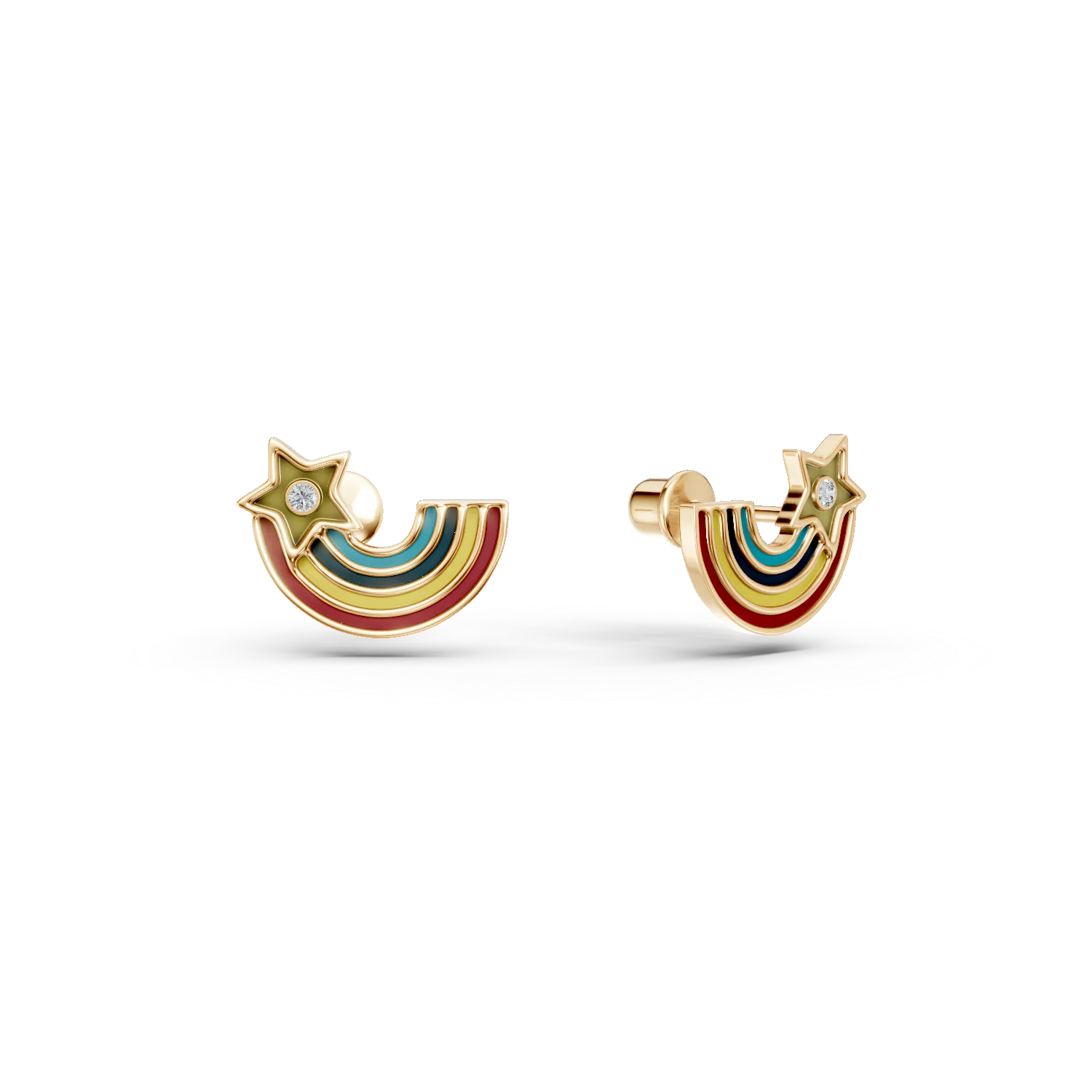 Yellow gold rainbow children's earrings with 0.05ct diamonds and multicolored inserts
