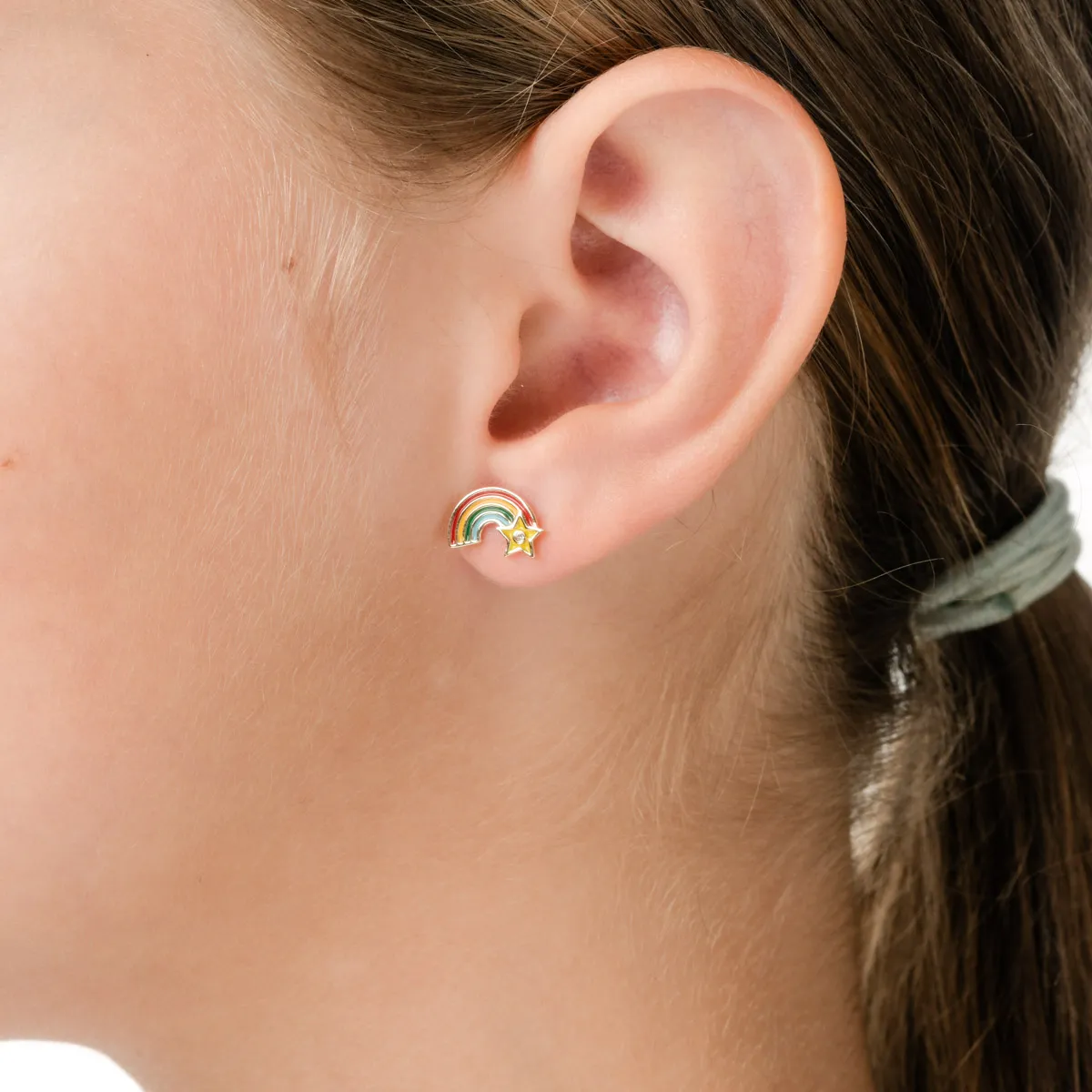 Yellow gold rainbow children's earrings with 0.05ct diamonds and multicolored inserts