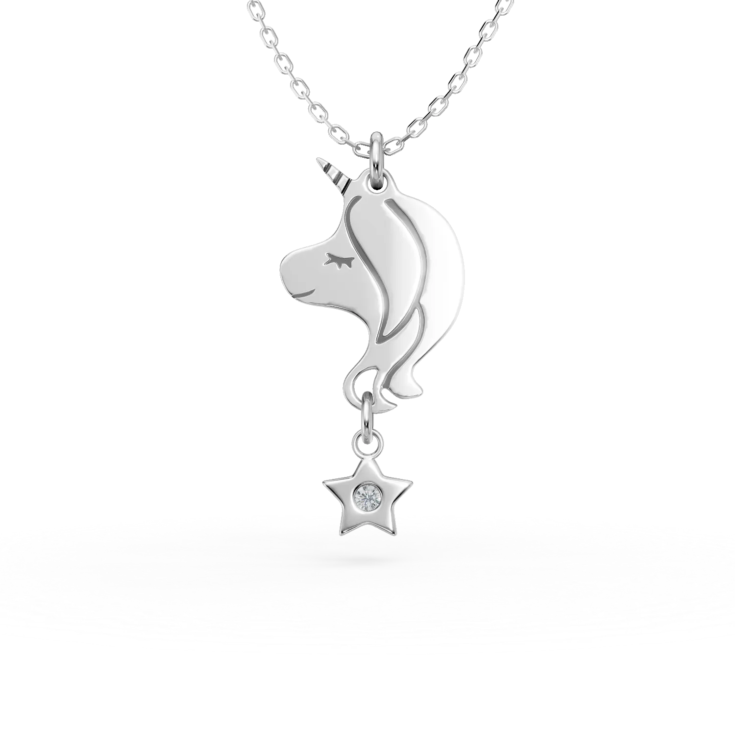 Lant cu pandantiv unicorn din aur alb cu diamant de 0.01ct pentru copii