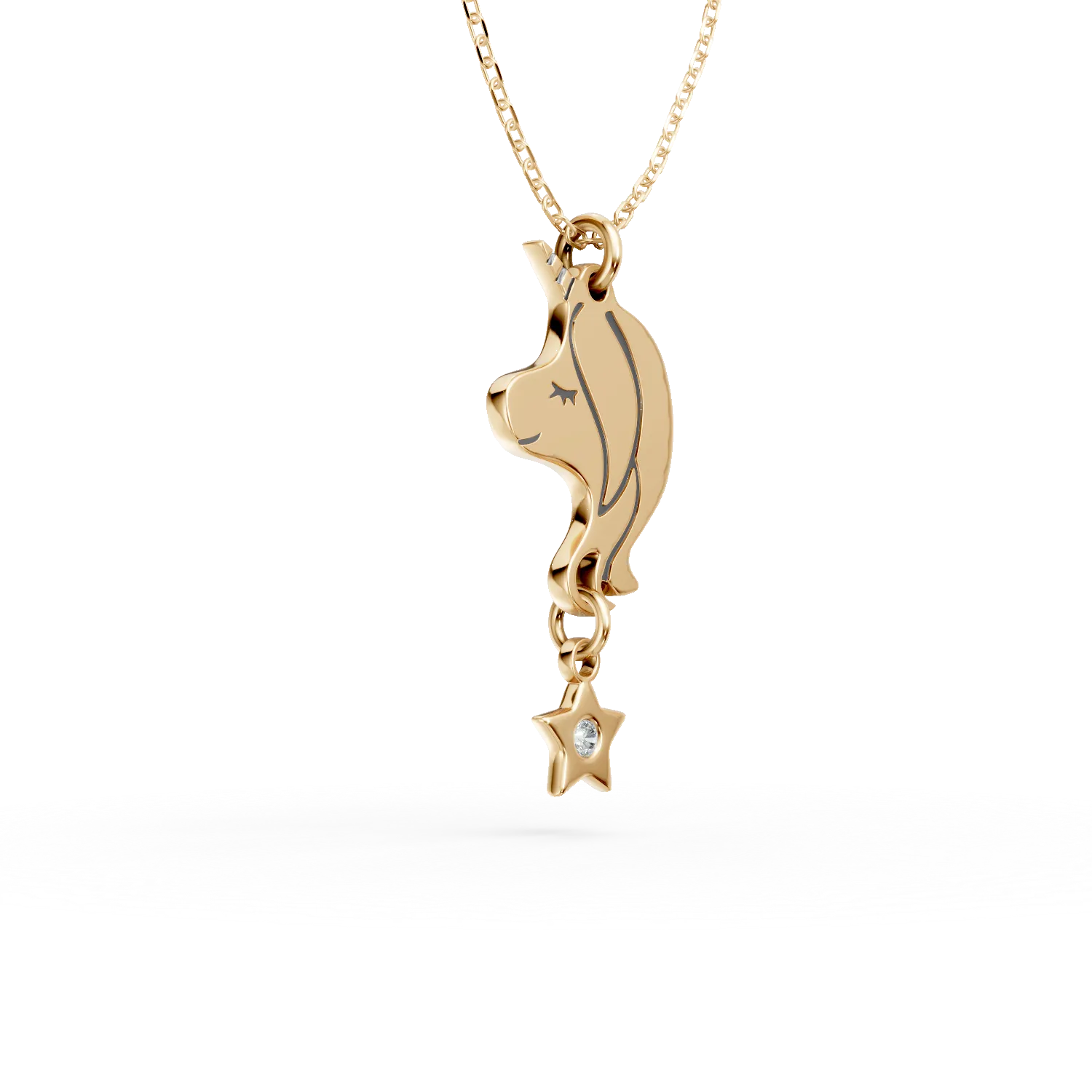 Yellow gold unicorn children's pendant necklace with 0.01ct diamond