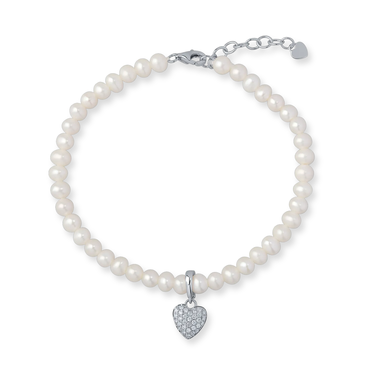 White gold heart charm bracelet with 22.08ct fresh water pearls and 0.1ct diamonds