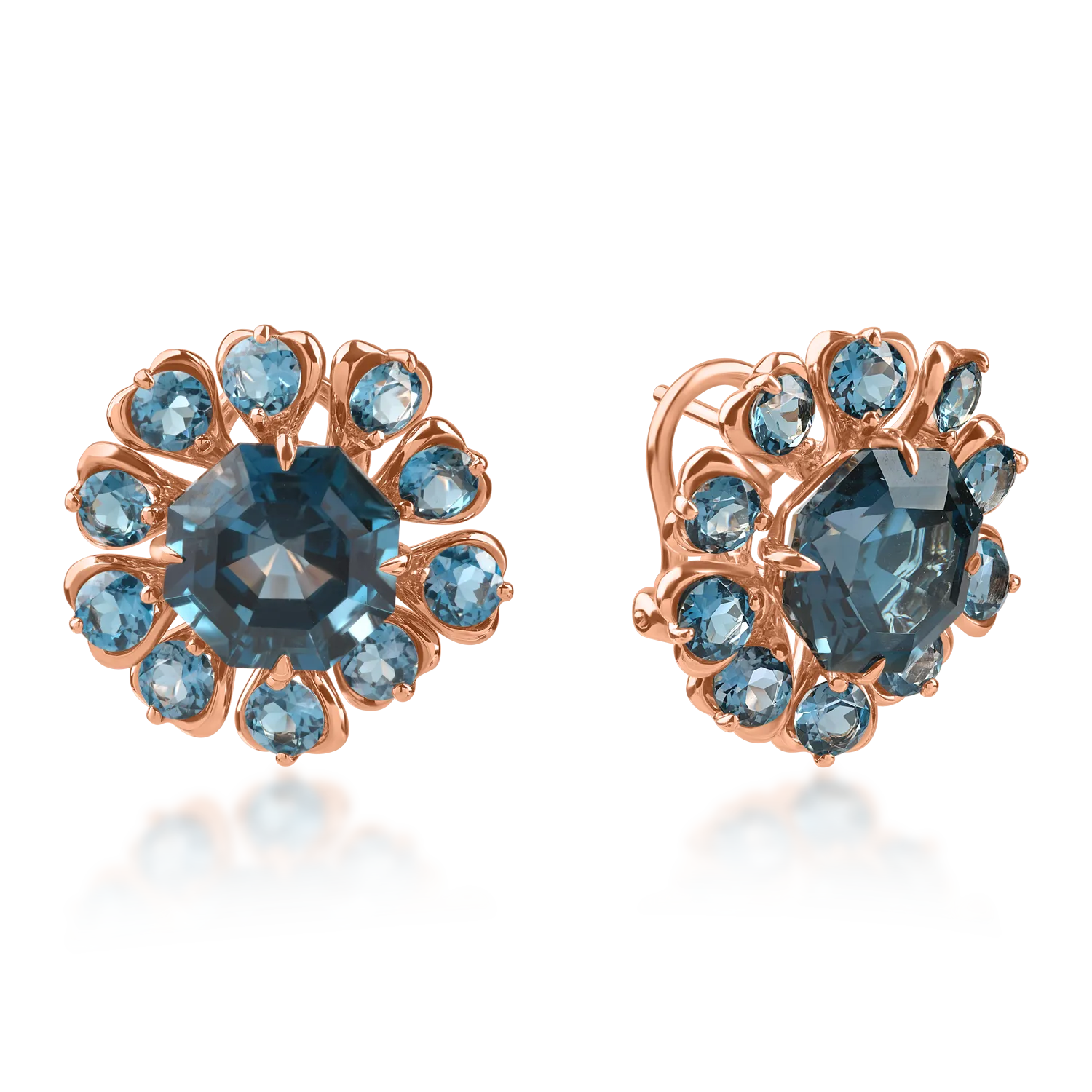 Rose gold earrings with 14.9ct london blue topazes