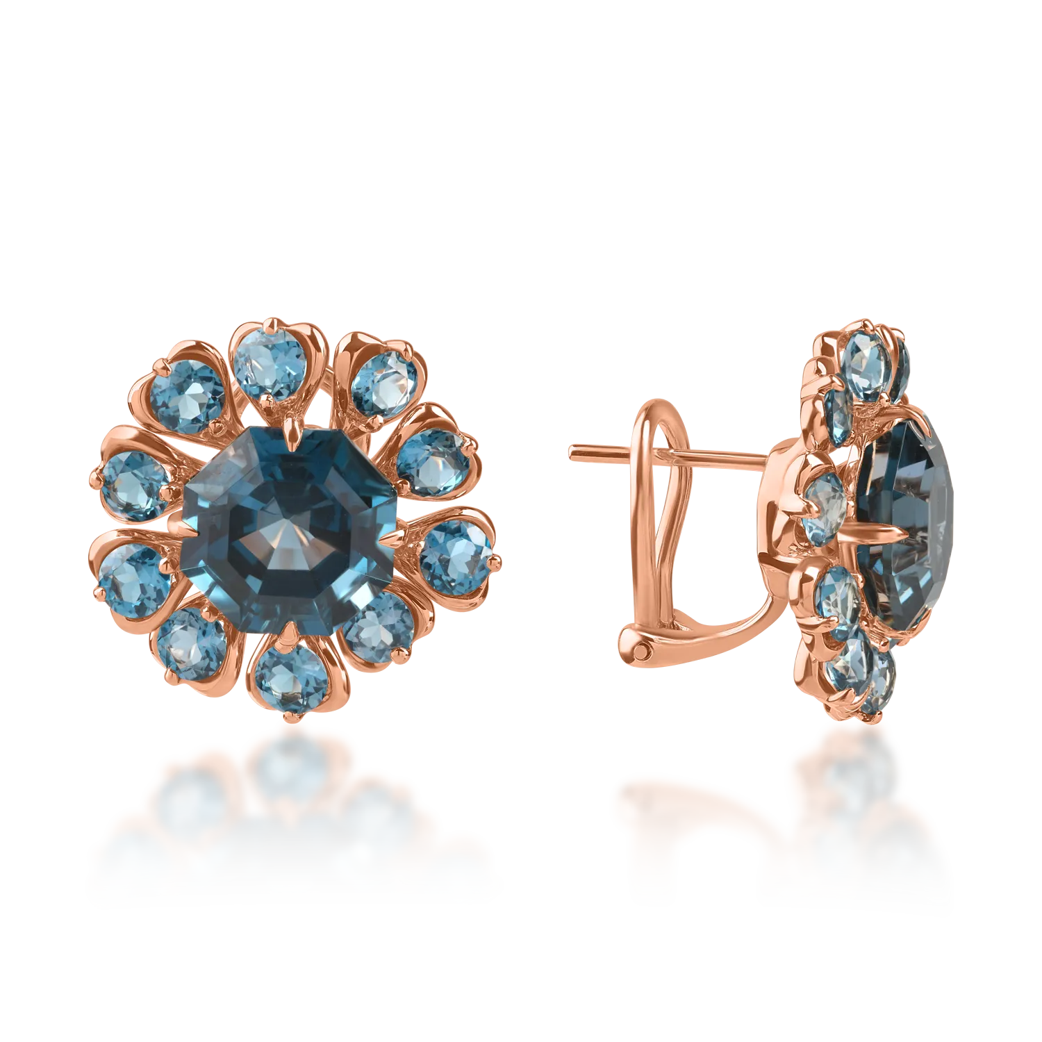 Rose gold earrings with 14.9ct london blue topazes