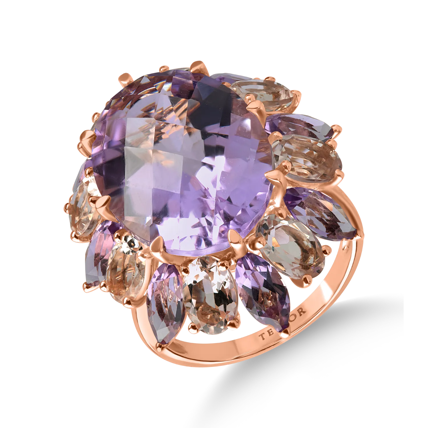 Inel din aur roz cu ametiste roz de 14ct si morganite de 3.4ct