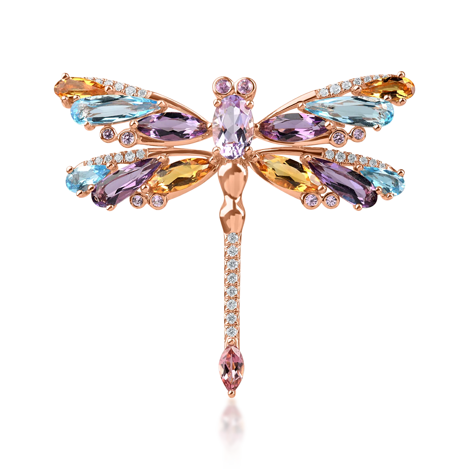 Rose gold dragonfly brooch with 7.4ct precious and semi-precious stones
