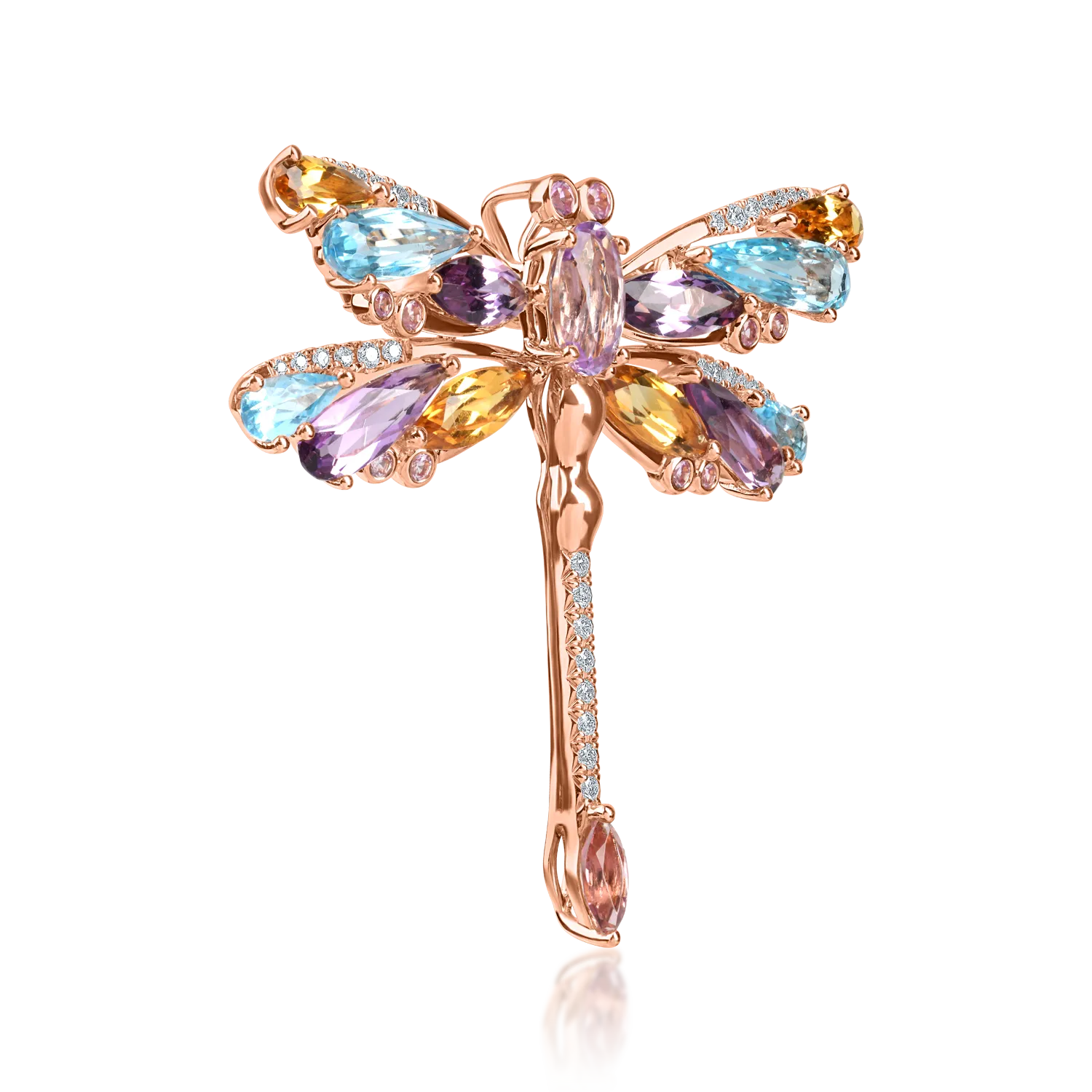 Rose gold dragonfly brooch with 7.4ct precious and semi-precious stones