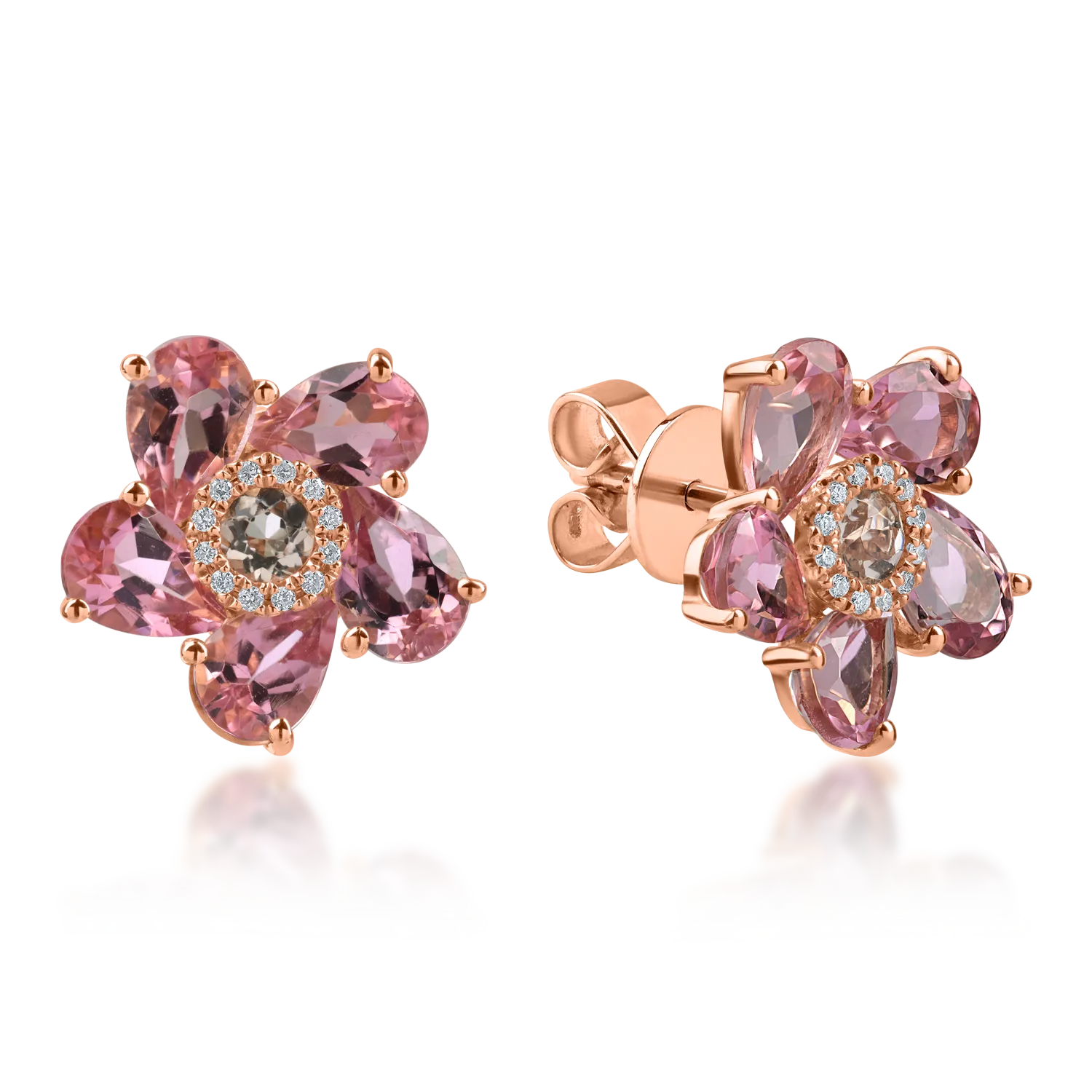 Rose gold flower earrings with 4.6ct precious and semi-precious stones