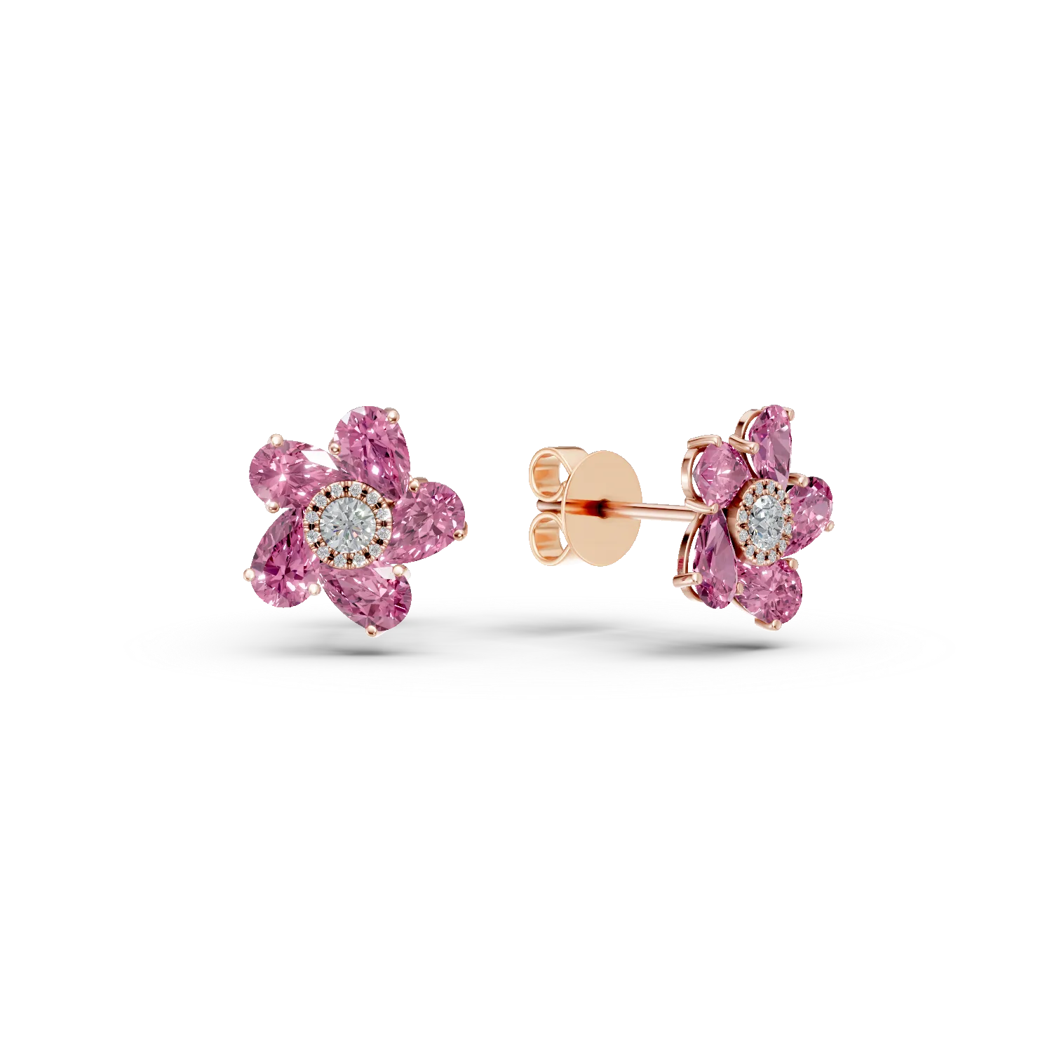 Rose gold flower earrings with 4.6ct precious and semi-precious stones