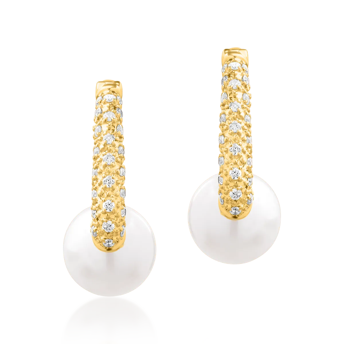 Yellow gold earrings with 5ct fresh water pearls and 0.1ct diamonds