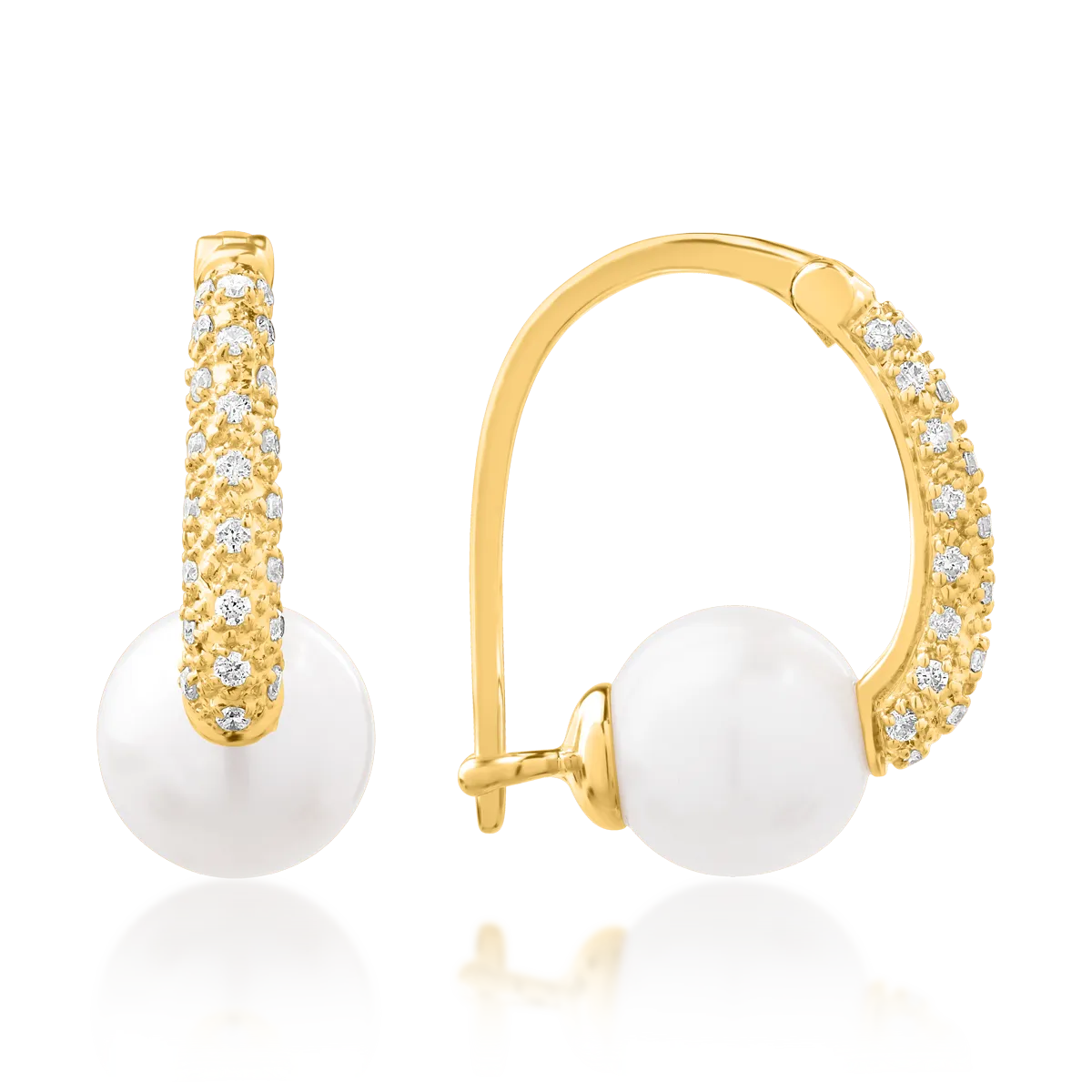 Yellow gold earrings with 5ct fresh water pearls and 0.1ct diamonds