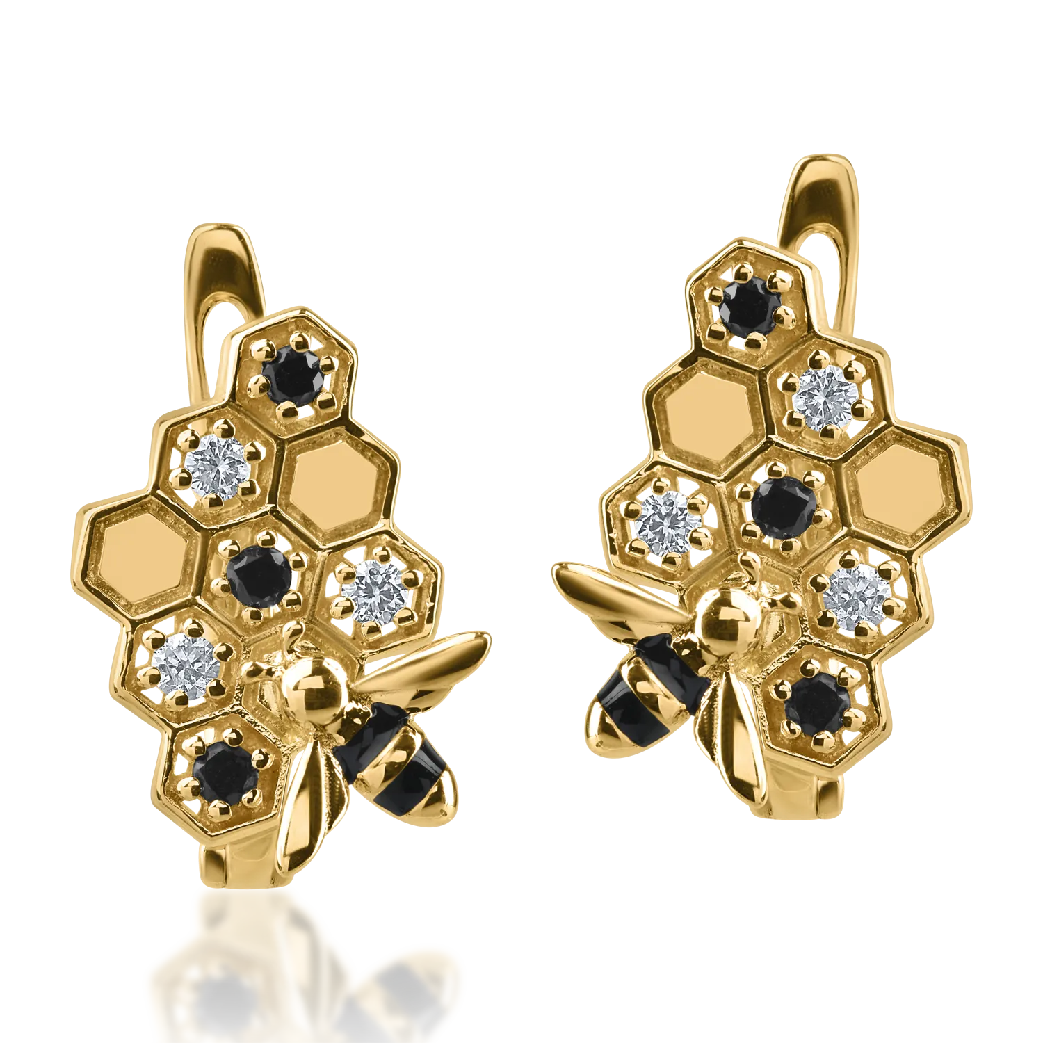 Yellow gold bee earrings with 0.1ct black and clear diamonds