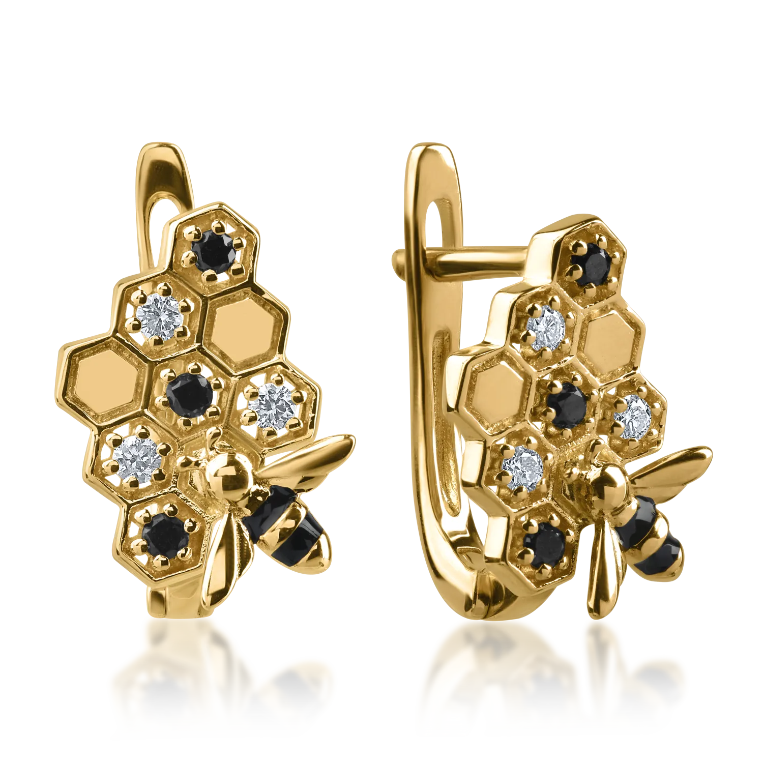 Yellow gold bee earrings with 0.1ct black and clear diamonds