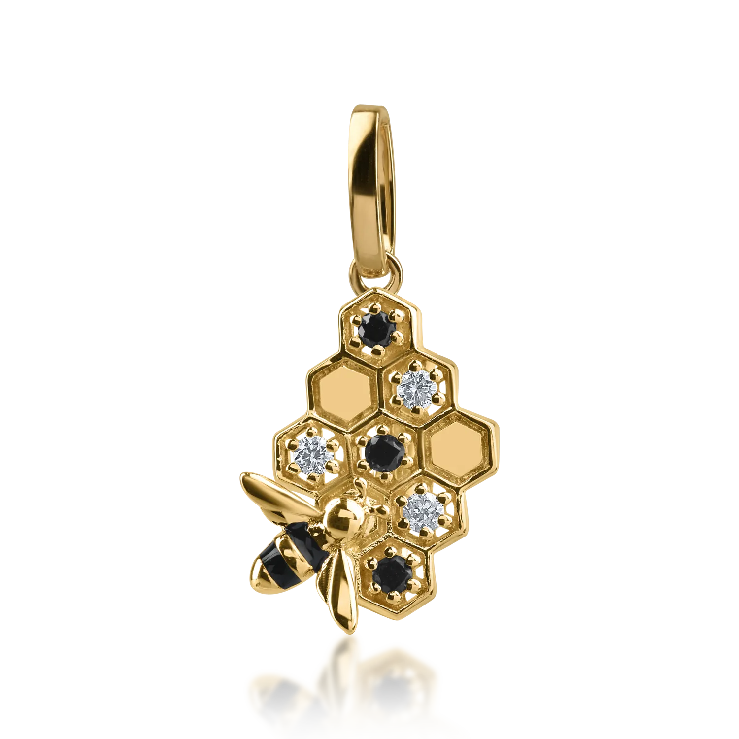 Yellow gold bee pendant with 0.09ct black and clear diamonds