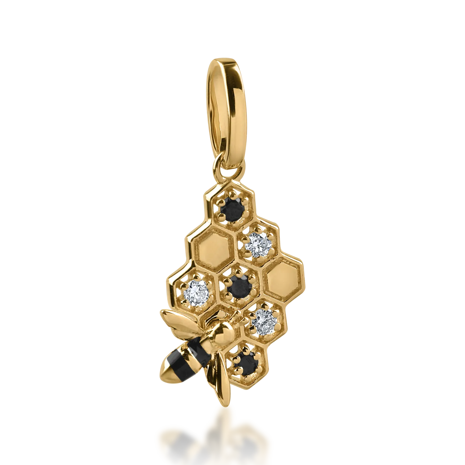 Yellow gold bee pendant with 0.09ct black and clear diamonds