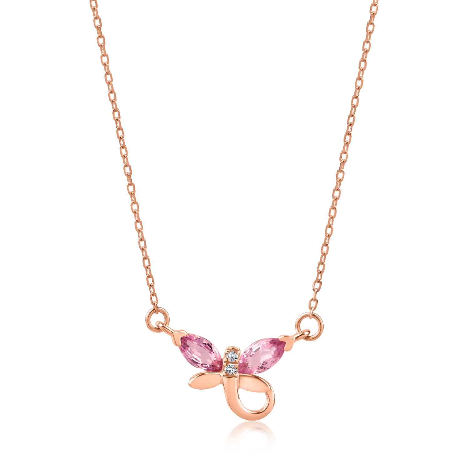 Rose gold butterfly pendant chain with 0.33ct pink sapphires and diamonds