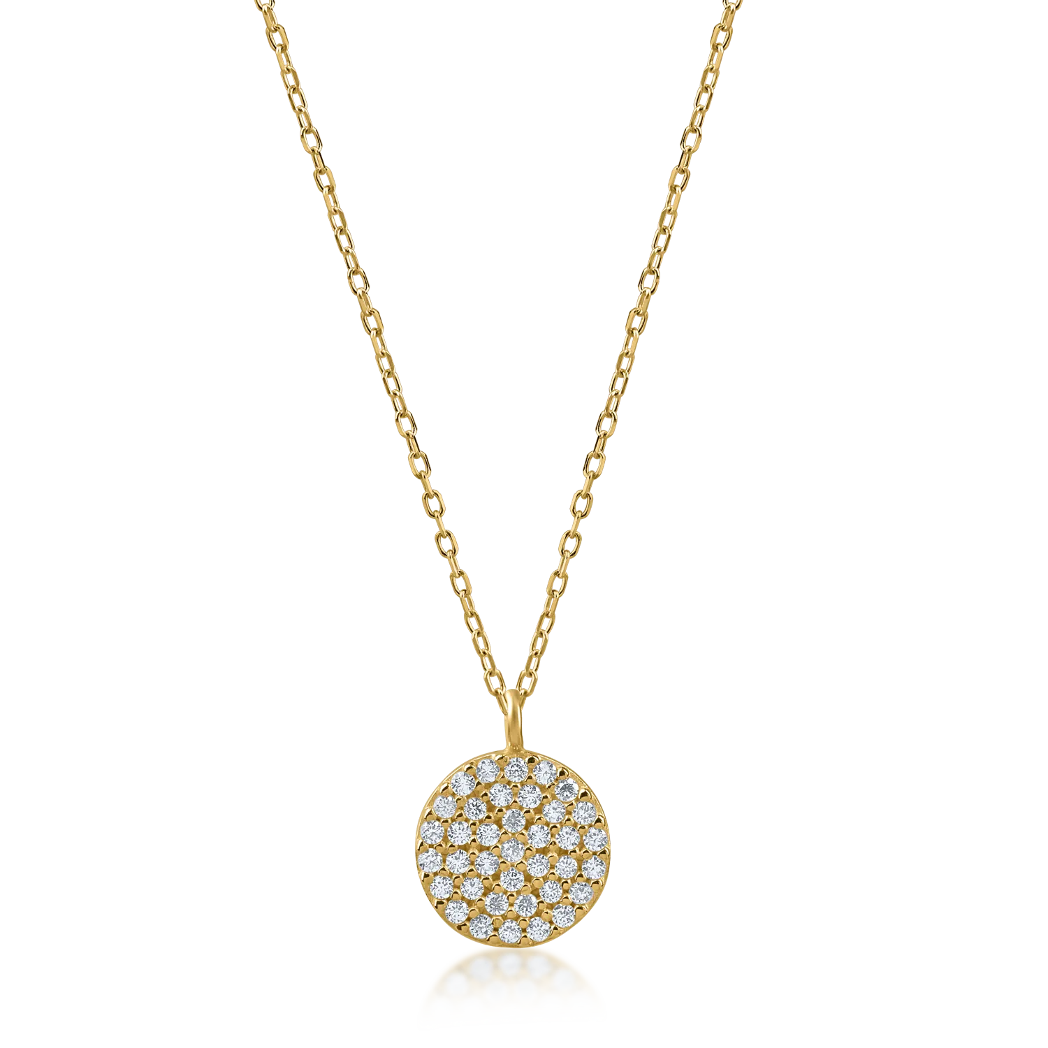 Yellow gold round pendant necklace with microsetting zirconia