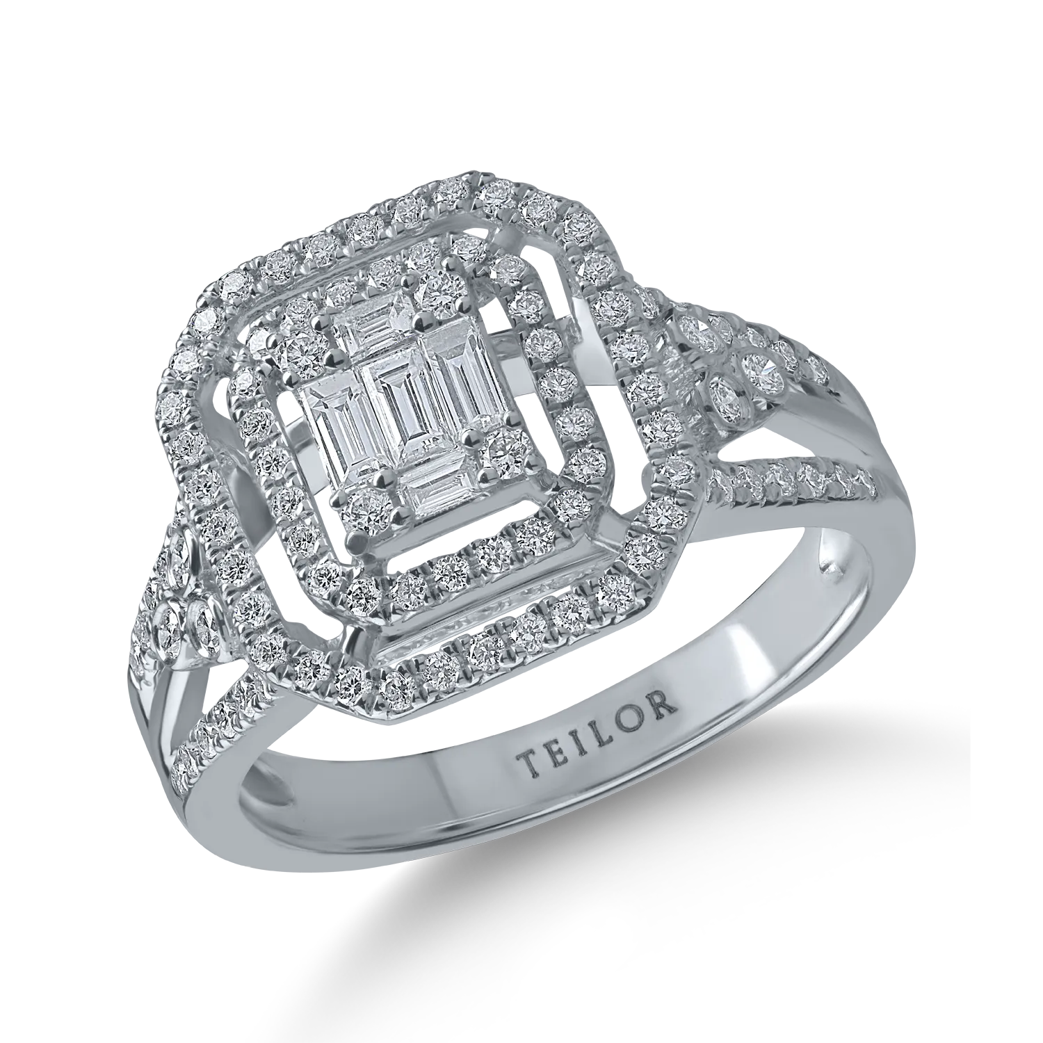Geometryczny pierścionek z białego złota z diamentami o masie 0.7ct