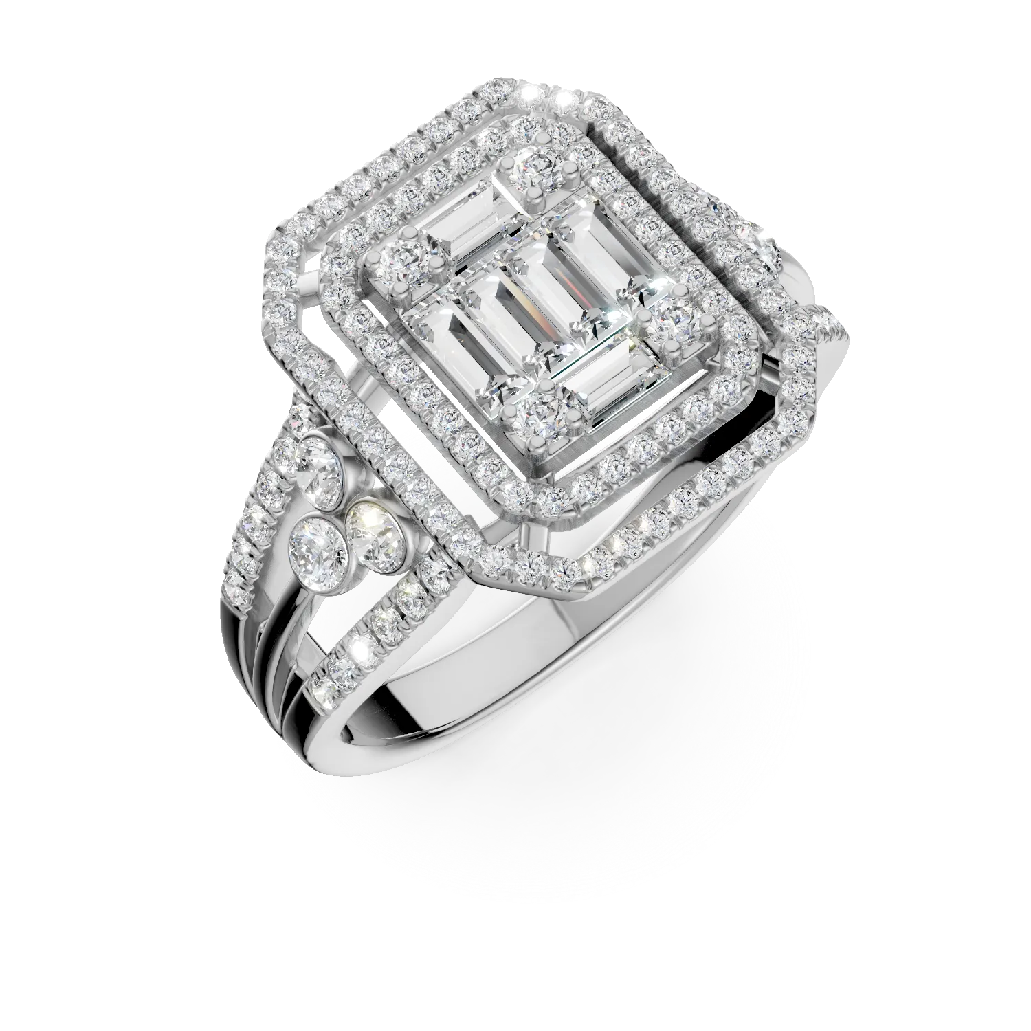 Inel geometric din aur alb cu diamante baguette si rotunde de 0.7ct