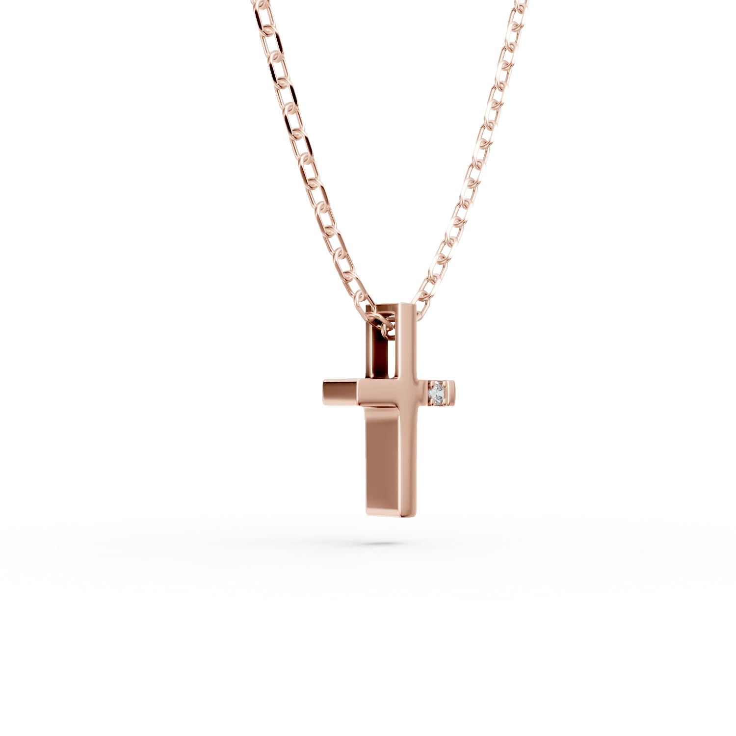 Lant cu pandantiv cruce din aur roz cu diamant de 0.006ct