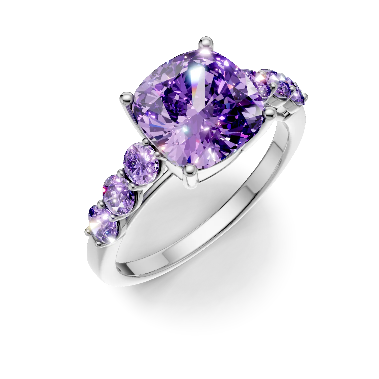 Inel din aur alb cu ametiste cushion si rotunde de 3.3ct