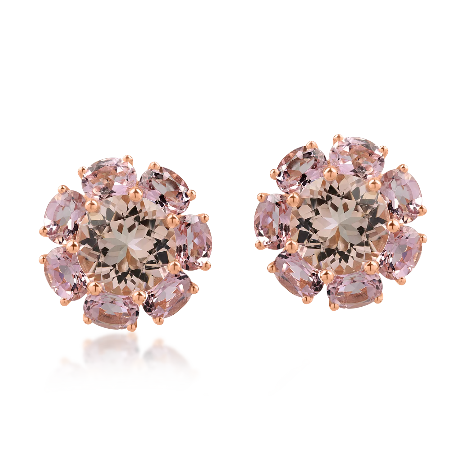 Róza arany fülbevaló 4.6ct morganitokkal és 5.1ct rózsaszín turmalinokkal