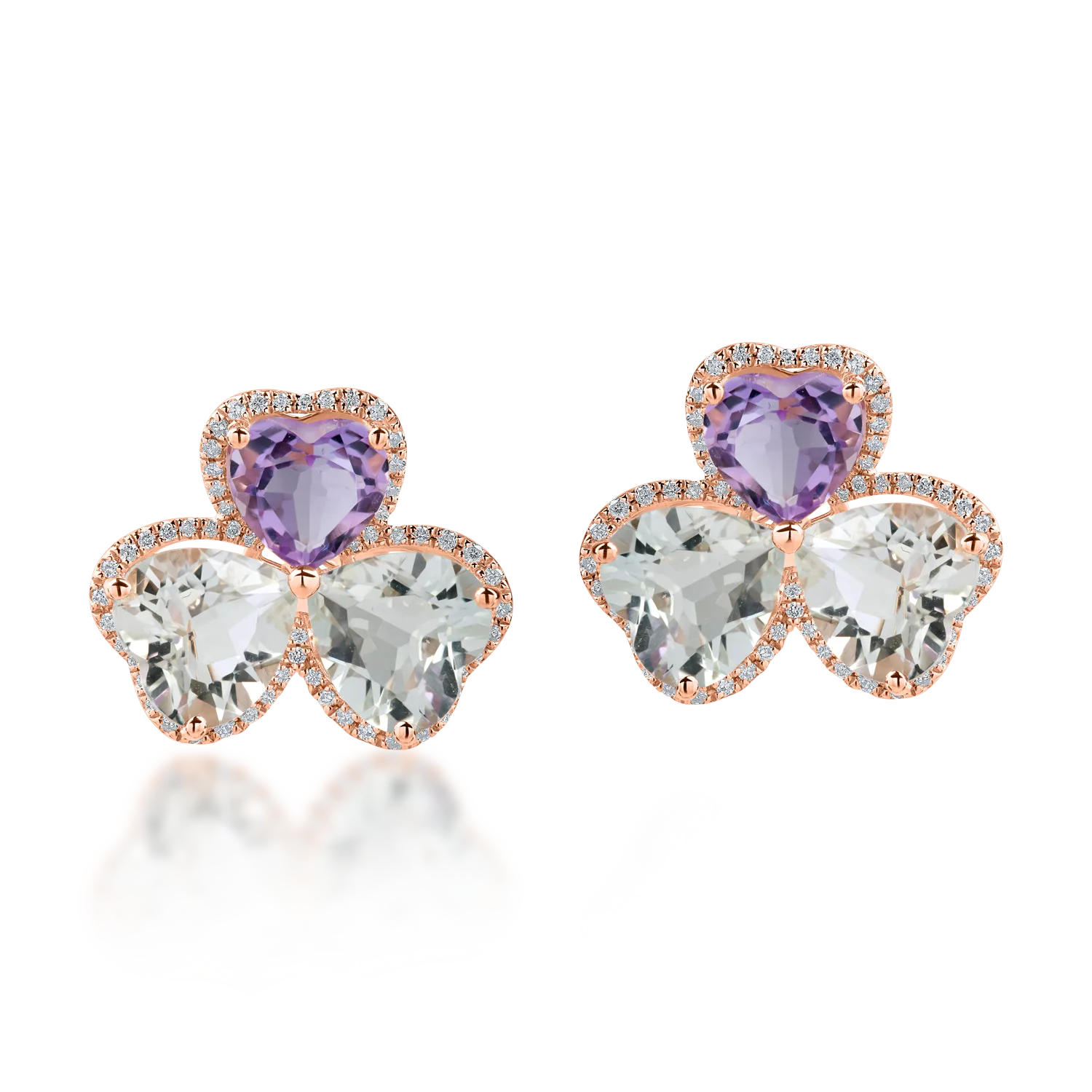Teilor Cercei trifoi din aur roz cu ametiste heart de 8.5ct si diamante de 0.3ct