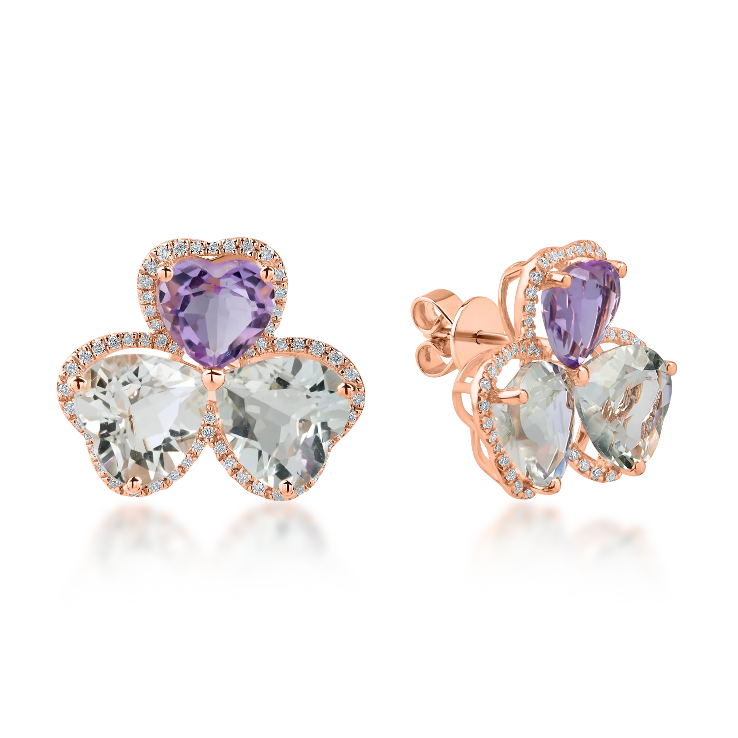 Teilor Cercei trifoi din aur roz cu ametiste heart de 8.5ct si diamante de 0.3ct