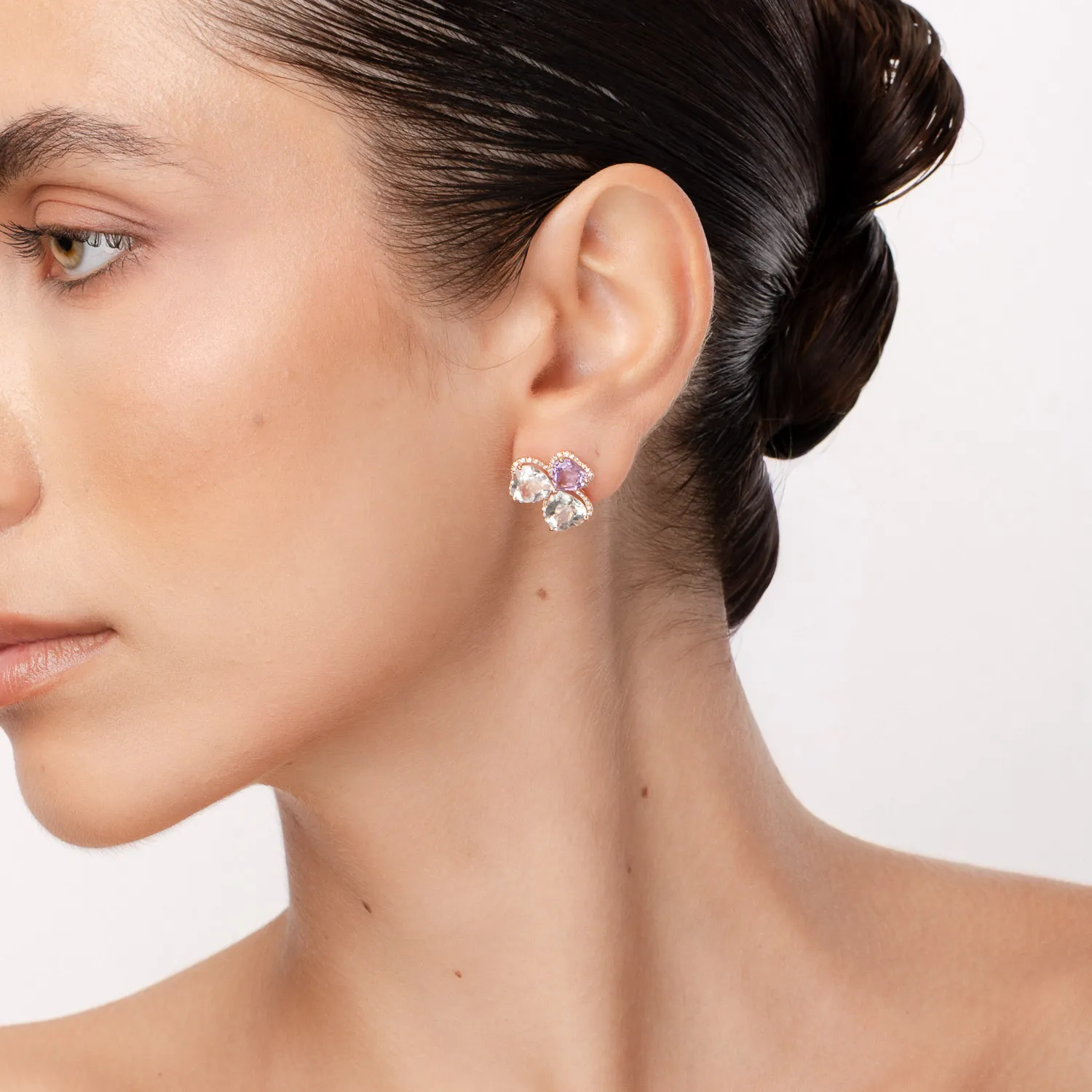 Rózsarany fülbevaló 8.5ct ametiszttel és 0.3ct gyémántokkal