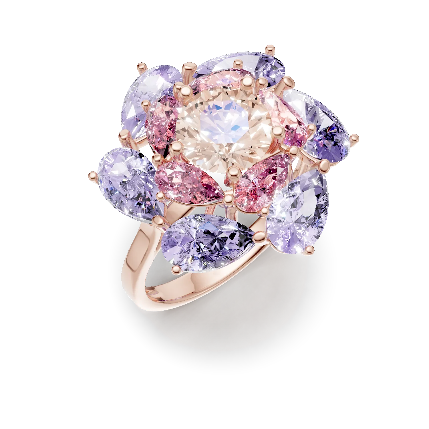 Rose gold flower ring with 5.9ct semi-precious stones