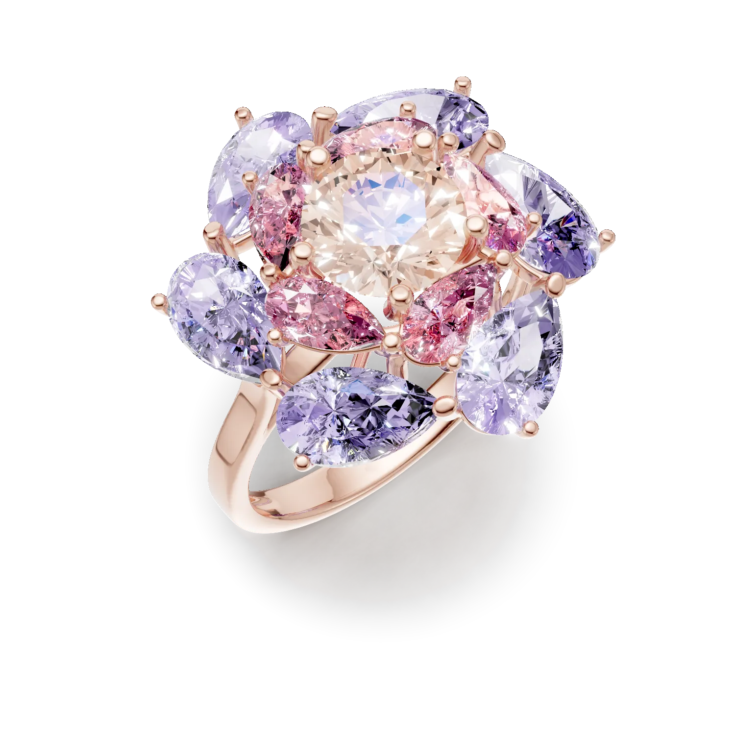 Rose gold flower ring with 5.7ct semi-precious stones