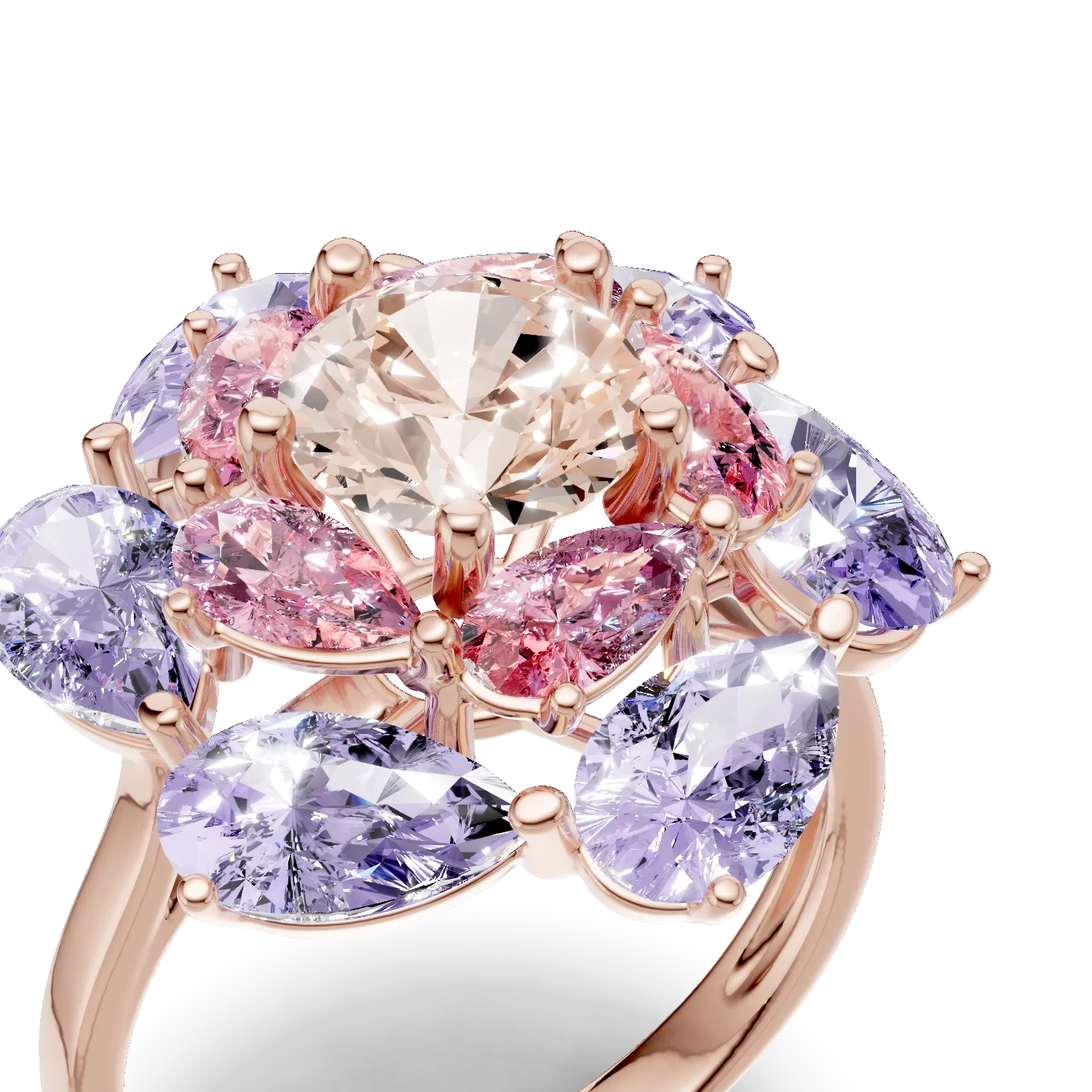 Rose gold flower ring with 6.07ct semi-precious stones