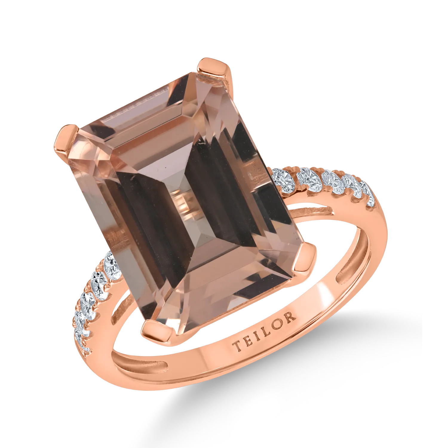 Rózsarany gyűrű 6.7ct morganittal és 0.2ct gyémántokkal