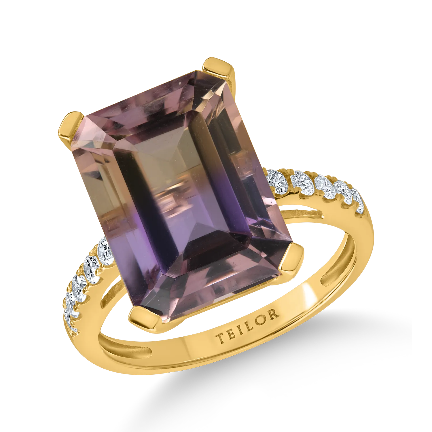 Teilor Inel din aur galben cu ametrin octogonal de 10.1ct si diamante de 0.1ct