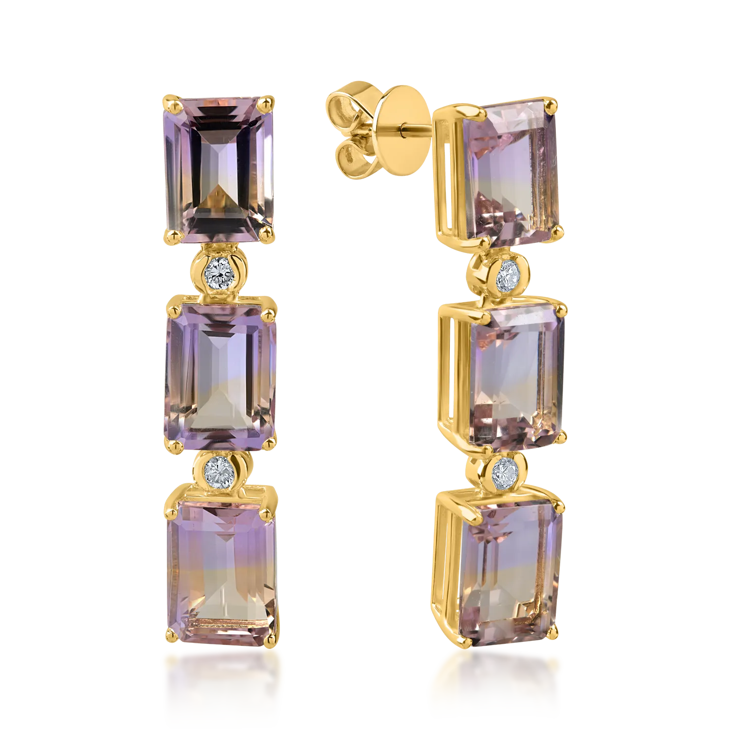 Cercei din aur galben cu ametrine octogonale de 9.3ct si diamante de 0.1ct