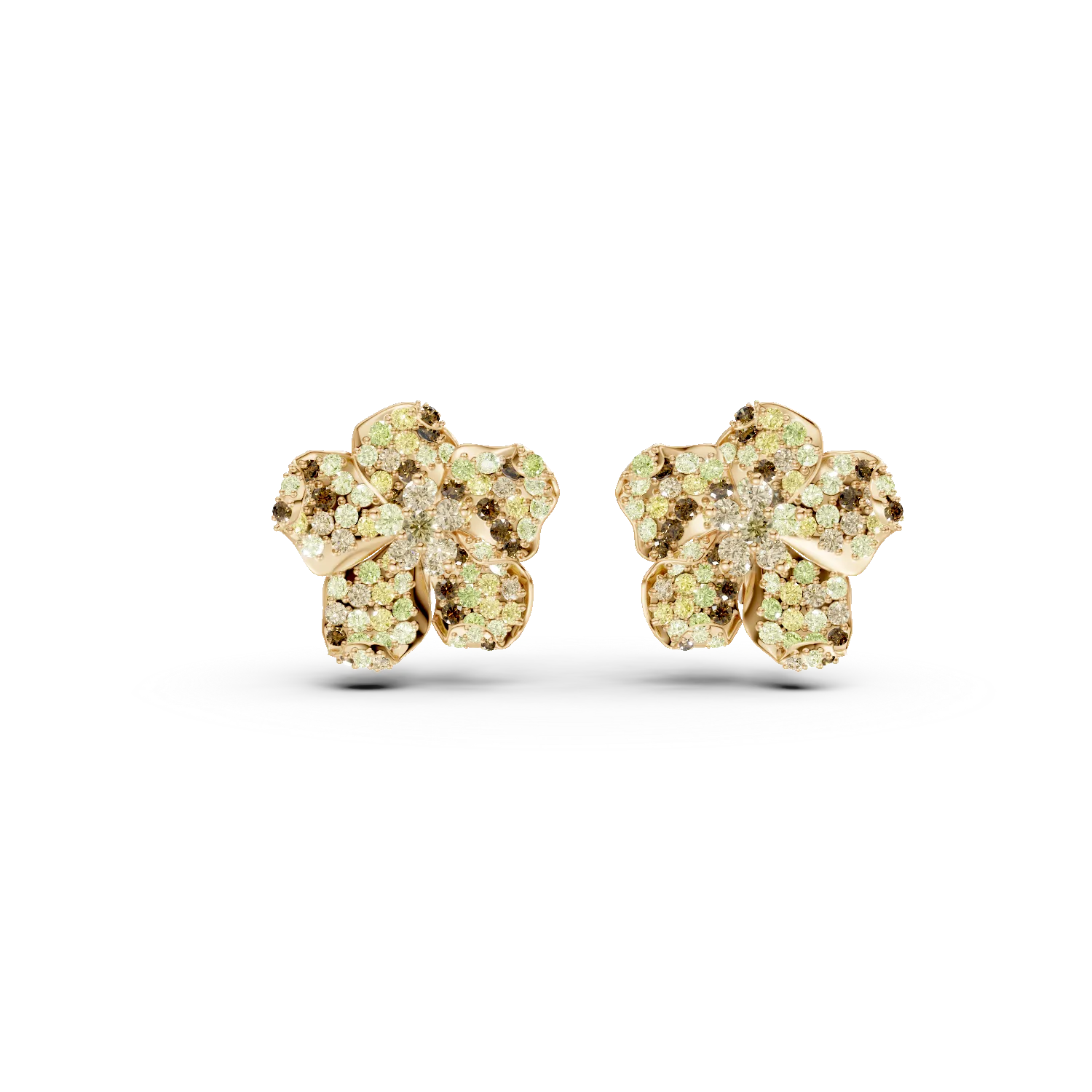 Yellow gold flower earrings with 5.3ct multi-colored diamonds-179115
