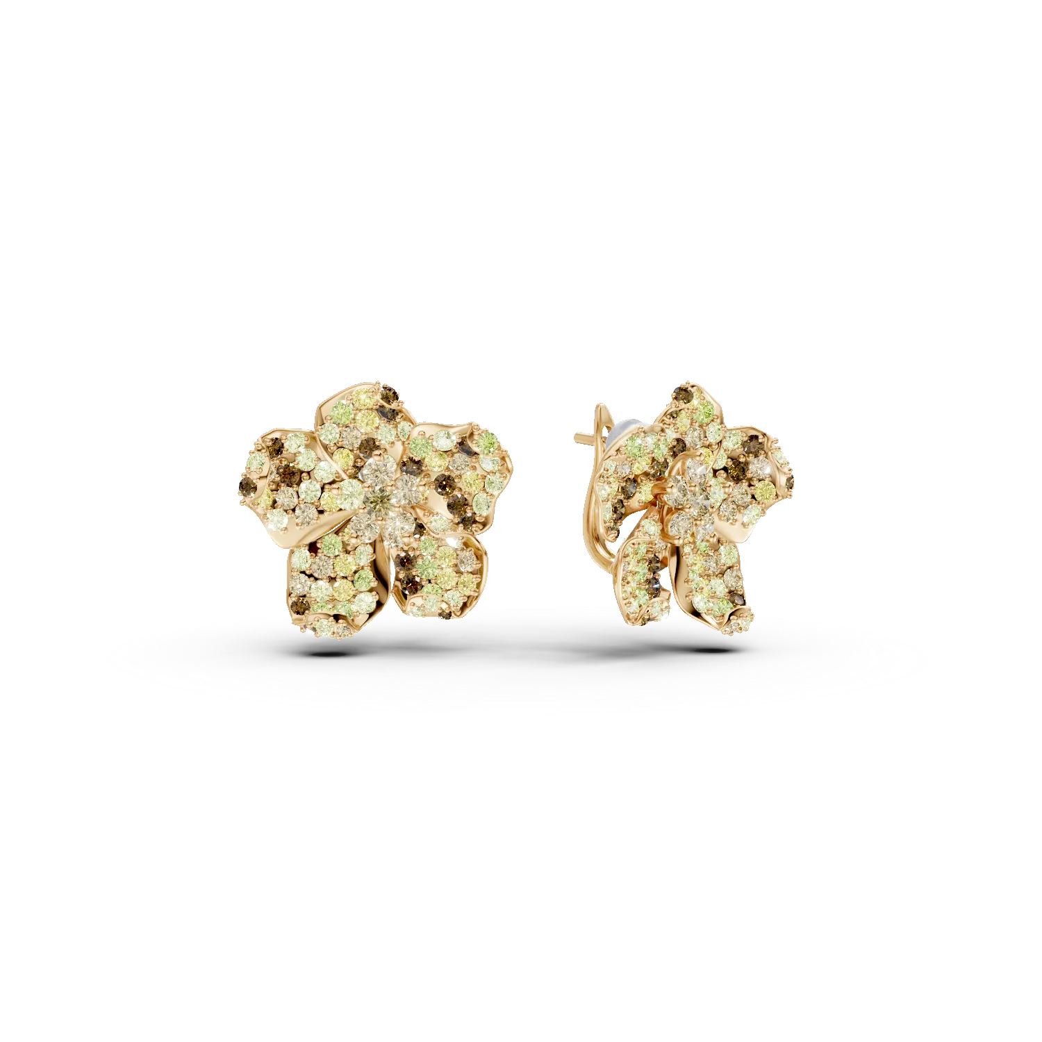 Yellow gold flower earrings with 5.3ct multi-colored diamonds