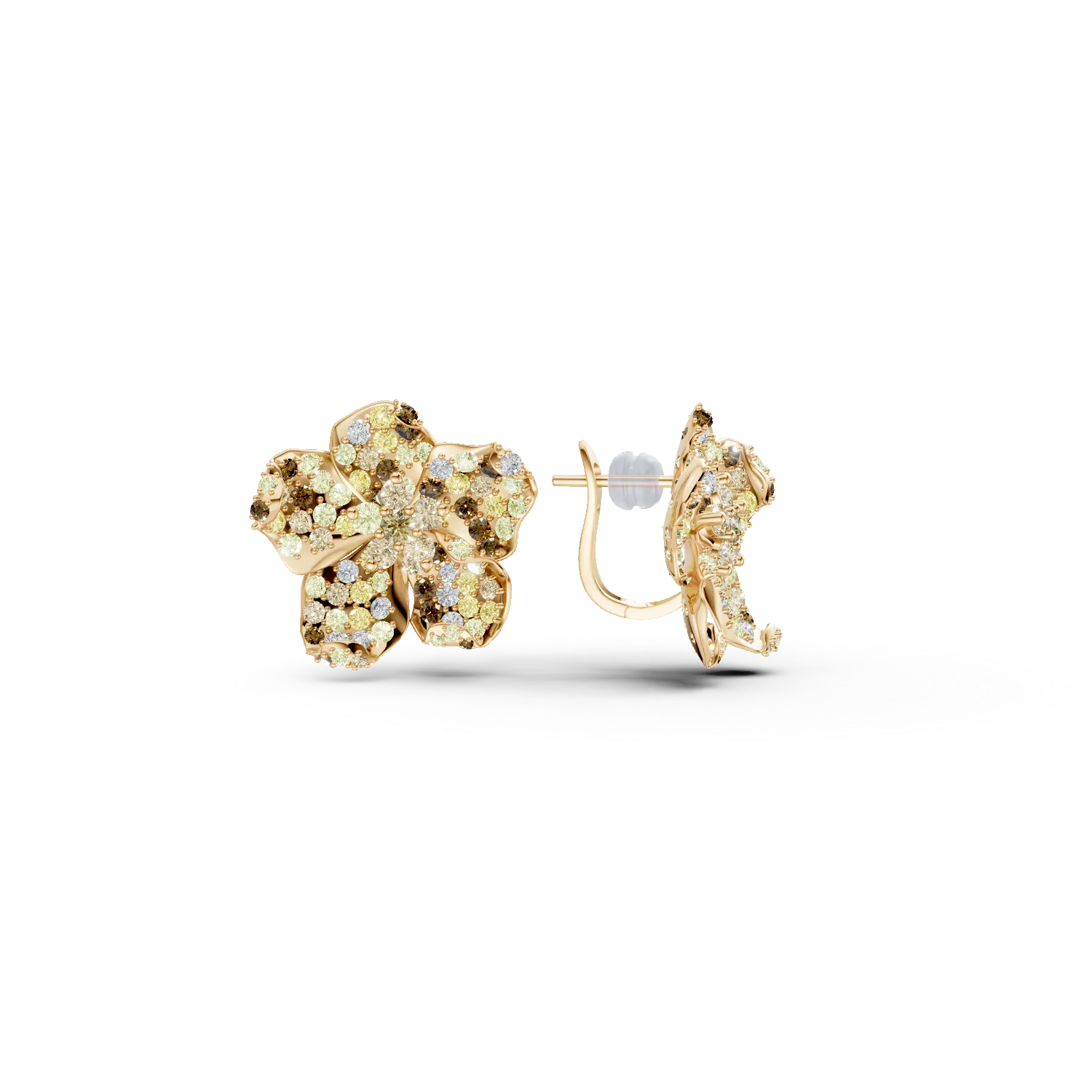 Yellow gold flower earrings with 5.3ct multi-colored diamonds