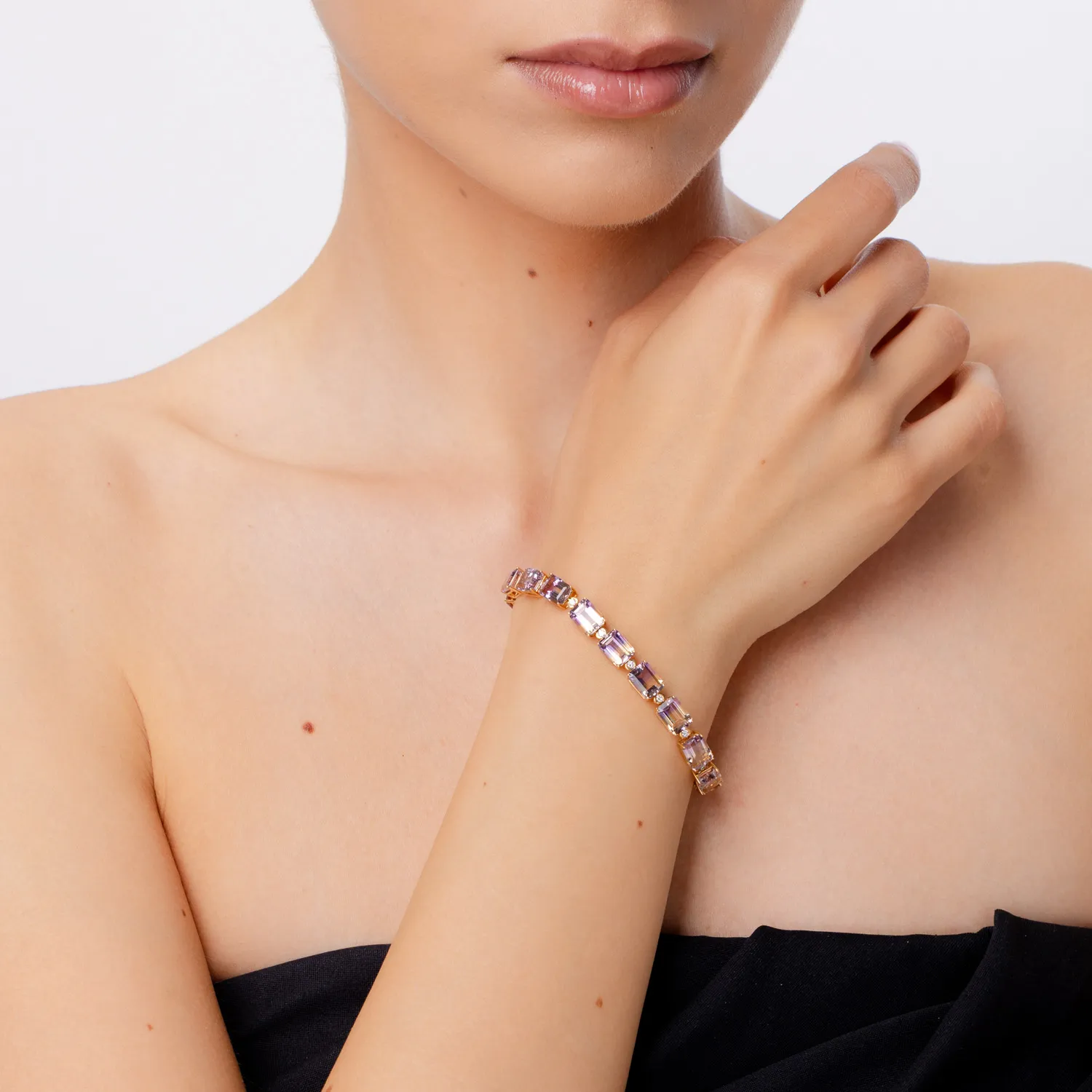 Sárga arany tenisz karkötő 24.3ct ametrinákkal és 0.4ct gyémántokkal